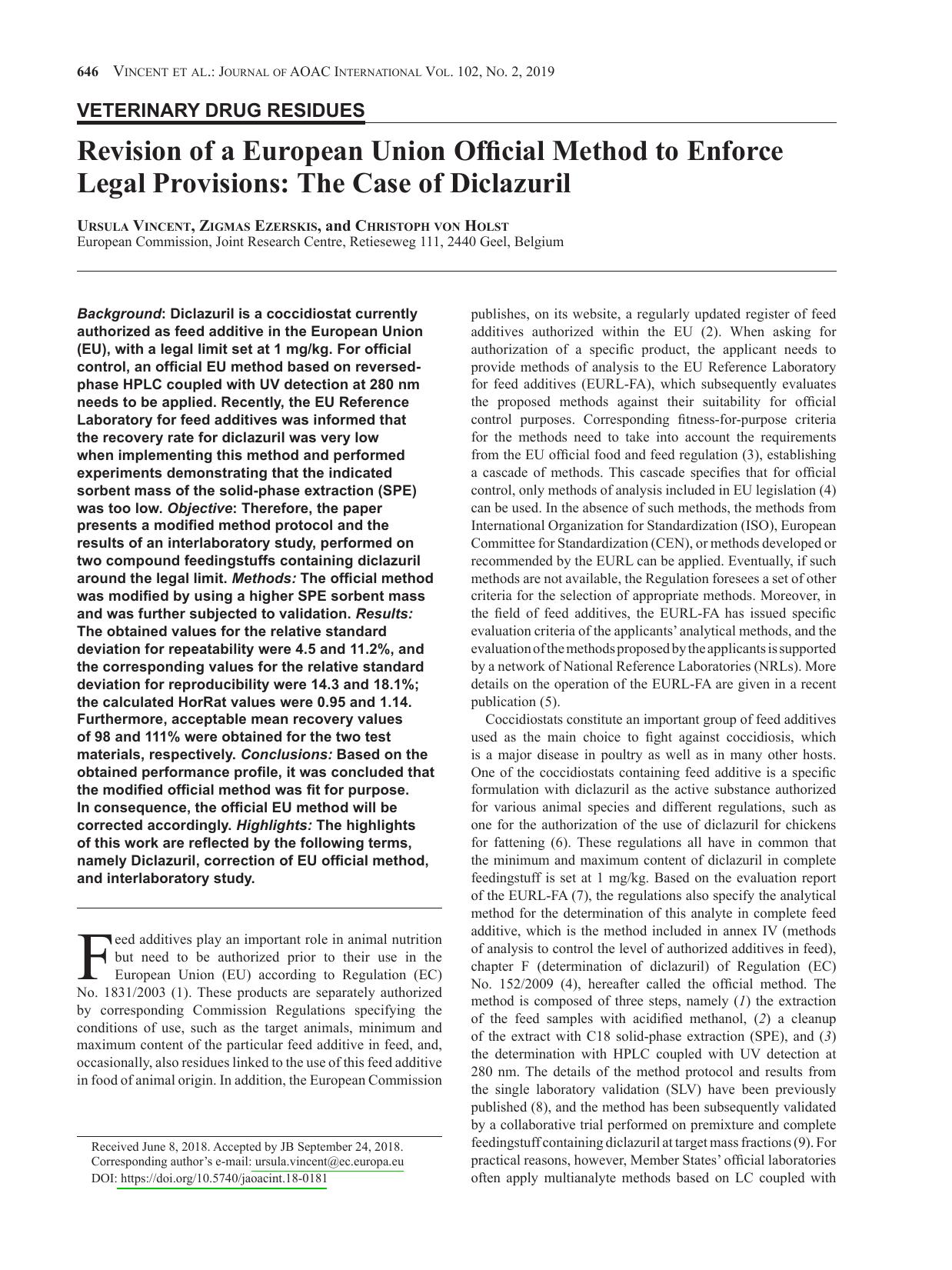 Revision of a European Union Official Method to Enforce Legal Provisions: The Case of Diclazuril by Ursula Vincent ; Zigmas Ezerskis ; Christoph von Holst