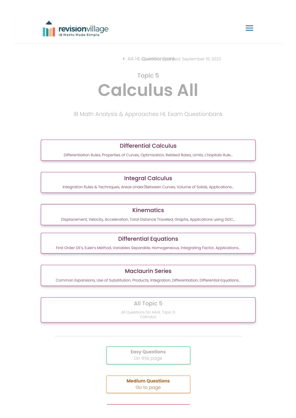 Revision village Math AA HL - Calculus - Easy Difficulty Questionbank by Revision village authors