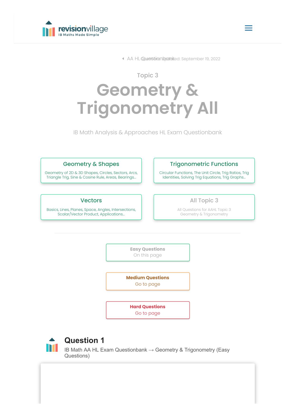 Revision village Math AA HL - Geometry & Trigonometry - Easy Difficulty Questionbank by Revision village authors