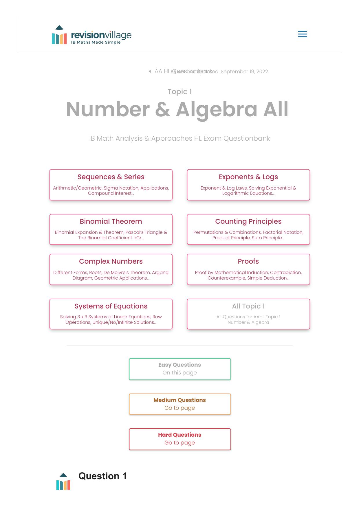 Revision village Math AA HL - Number & Algebra - Easy Difficulty by Revision village authors