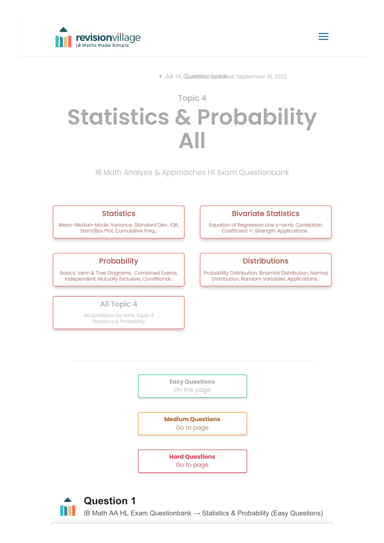 Revision village Math AA HL - Statistics & Probability - Easy Difficulty Questionbank by Revision village authors