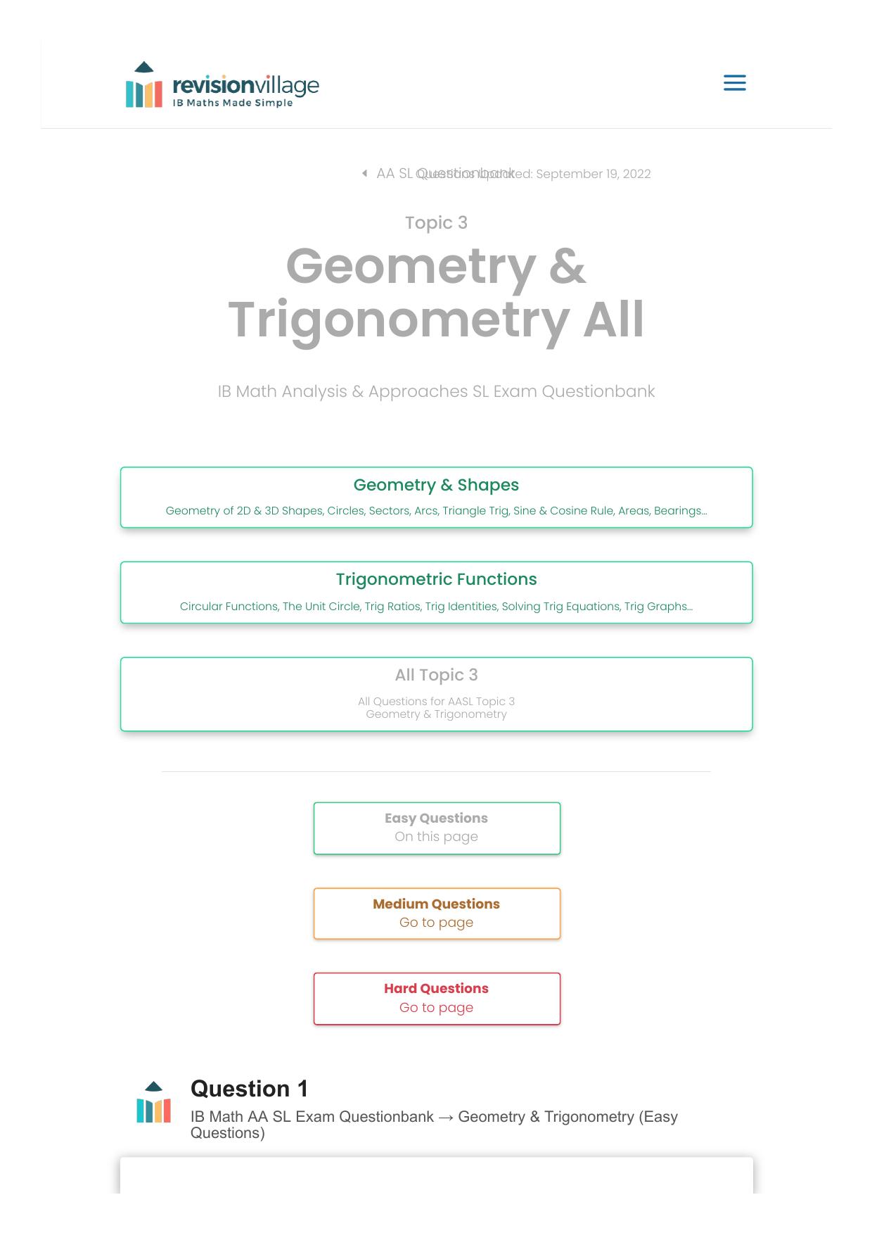 Revision village Math AA SL - Geometry & Trigonometry - Easy Difficulty Questionbank by Revision village authors