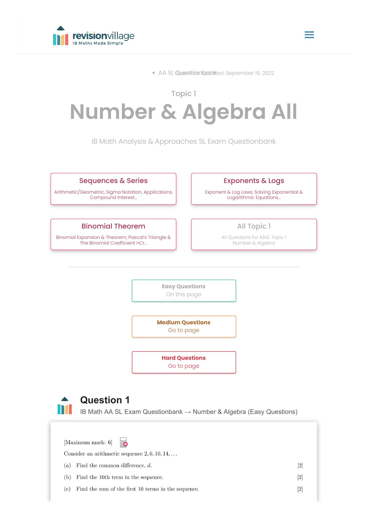 Revision village Math AA SL - Number & Algebra - Easy Difficulty Questionbank by Revision village authors