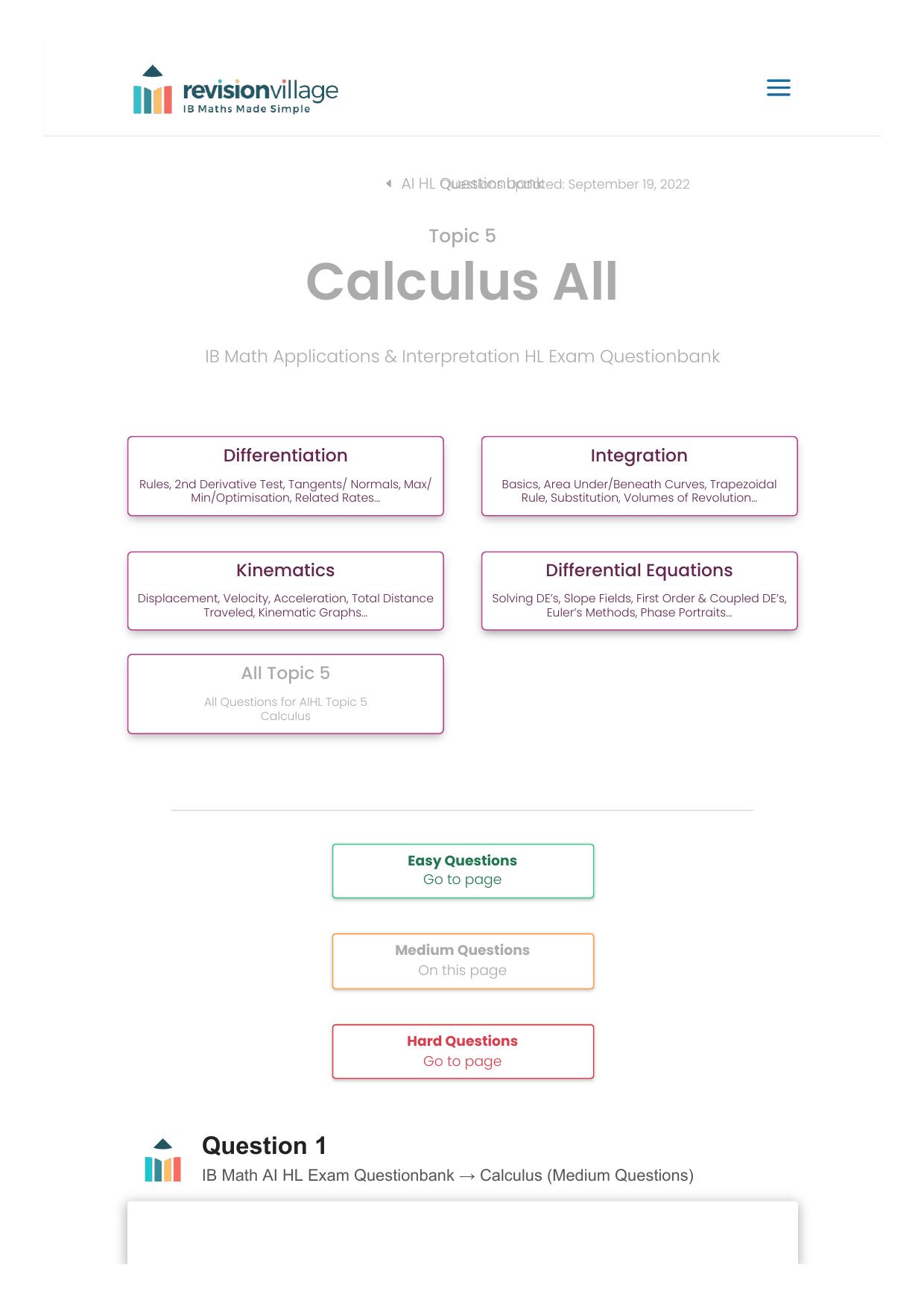 Revision village Math AI HL - Calculus - Medium Difficulty Questionbank by Revision village authors