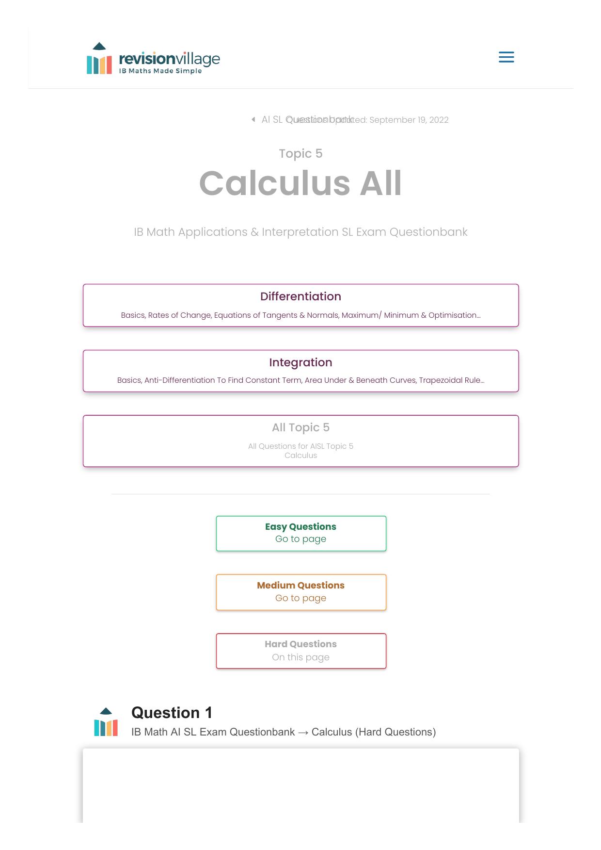 Revision village Math AI SL - Calculus - Hard Difficulty Questionbank by Revision village authors