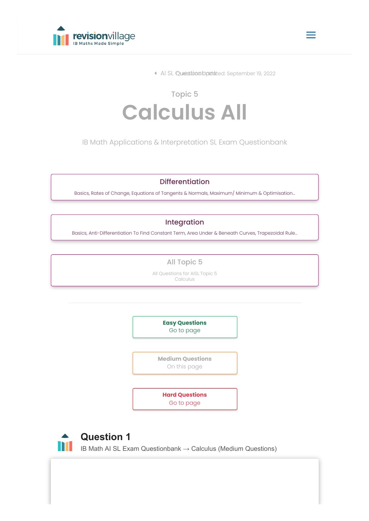 Revision village Math AI SL - Calculus - Medium Difficulty Questionbank by Revision village authors
