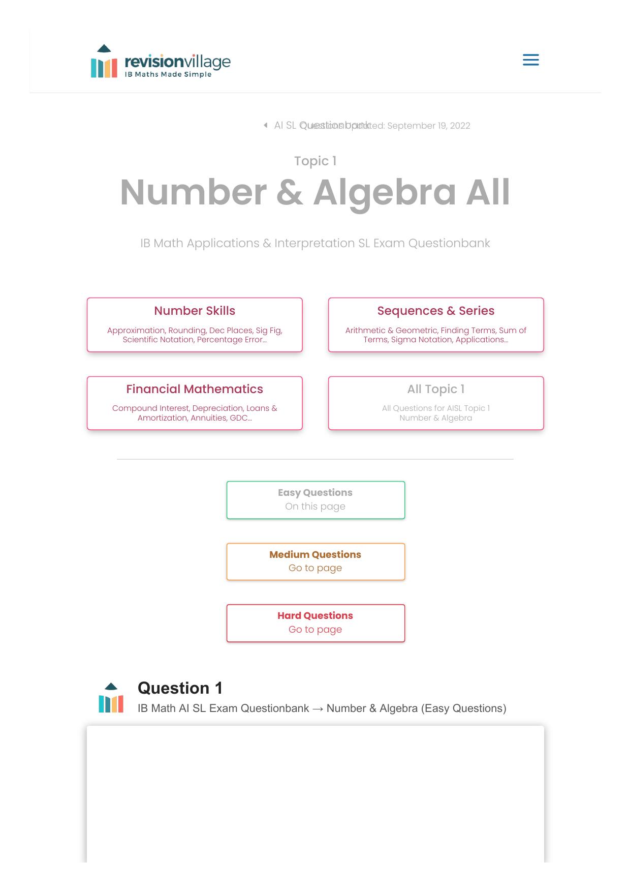 Revision village Math AI SL - Number & Algebra - Easy Difficulty Questionbank by Revision village authors