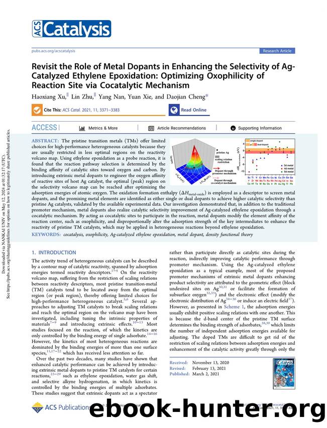 Revisit the Role of Metal Dopants in Enhancing the Selectivity of Ag-Catalyzed Ethylene Epoxidation: Optimizing Oxophilicity of Reaction Site via Cocatalytic Mechanism by Haoxiang Xu Lin Zhu Yang Nan Yuan Xie & Daojian Cheng