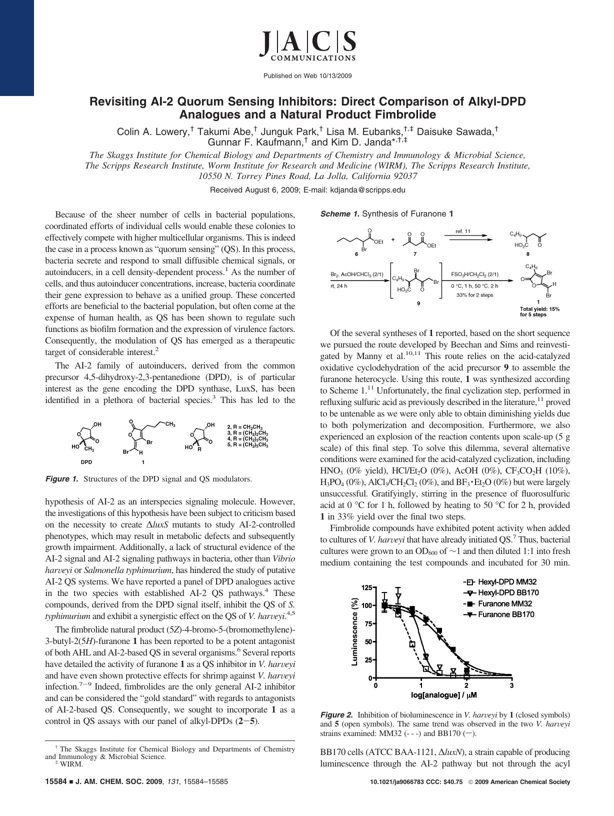 Revisiting AI-2 Quorum Sensing Inhibitors: Direct Comparison of Alkyl-DPD Analogues and a Natural Product Fimbrolide by unknow