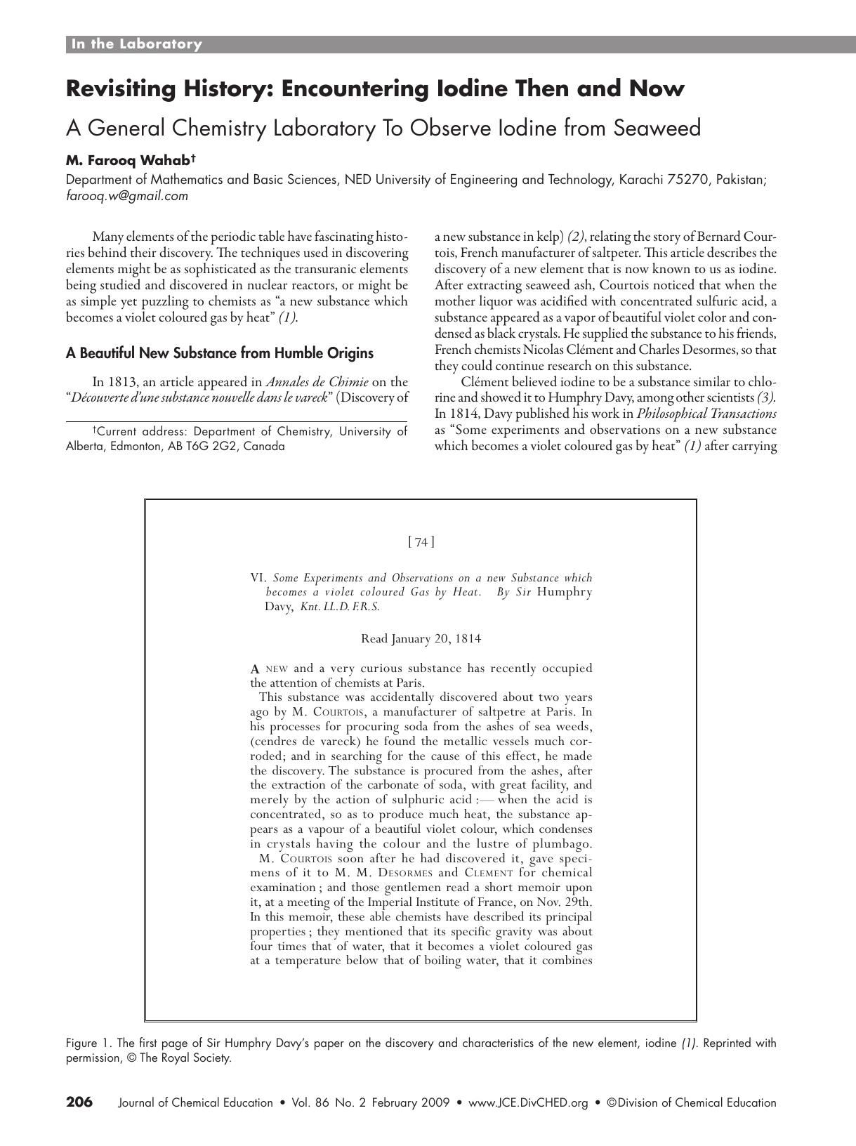 Revisiting History: Encountering Iodine Then and Now. A General Chemistry Laboratory To Observe Iodine from Seaweed by M. Farooq Wahab