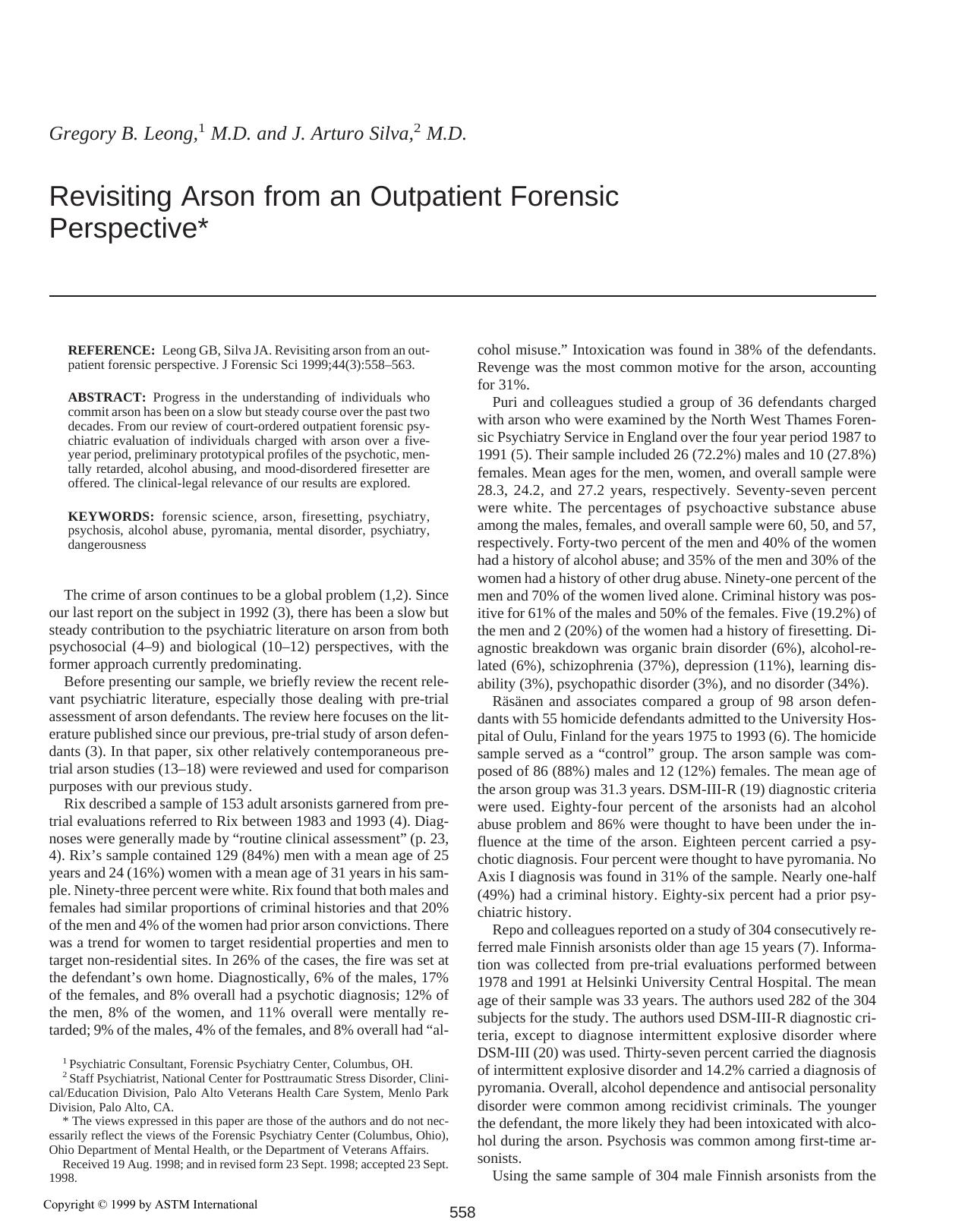 Revisiting arson from an outpatient forensic perspective by Leong GB Silva JA