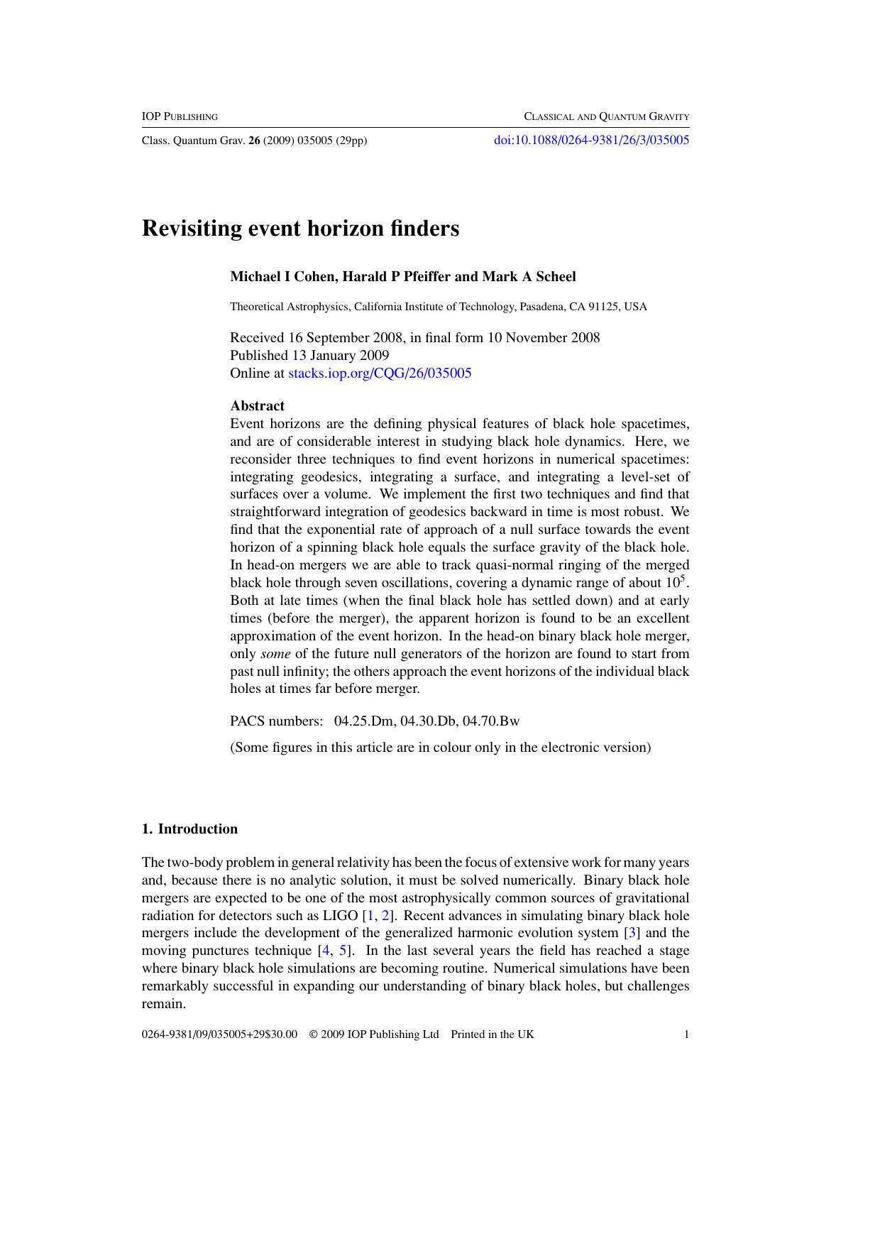 Revisiting event horizon finders by M I Cohen et al
