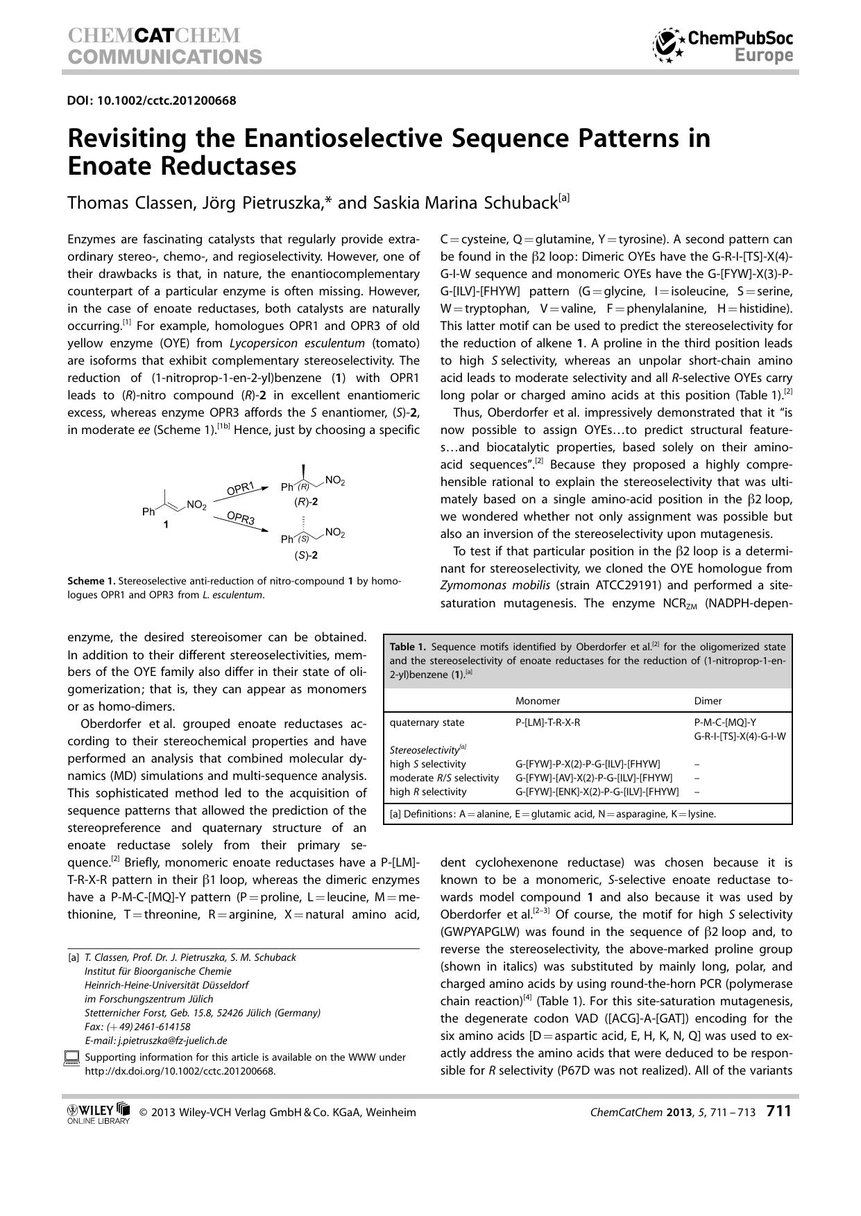 Revisiting the Enantioselective Sequence Patterns in Enoate Reductases by Unknown