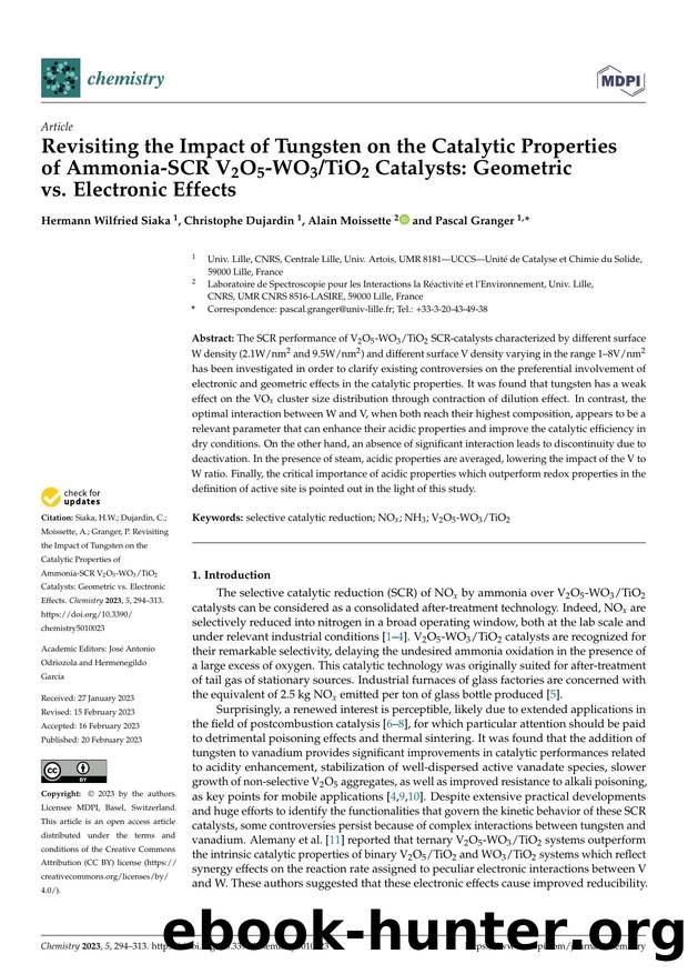 Revisiting the Impact of Tungsten on the Catalytic Properties of Ammonia-SCR V2O5-WO3TiO2 Catalysts: Geometric vs. Electronic Effects by Hermann Wilfried Siaka Christophe Dujardin Alain Moissette & Pascal Granger