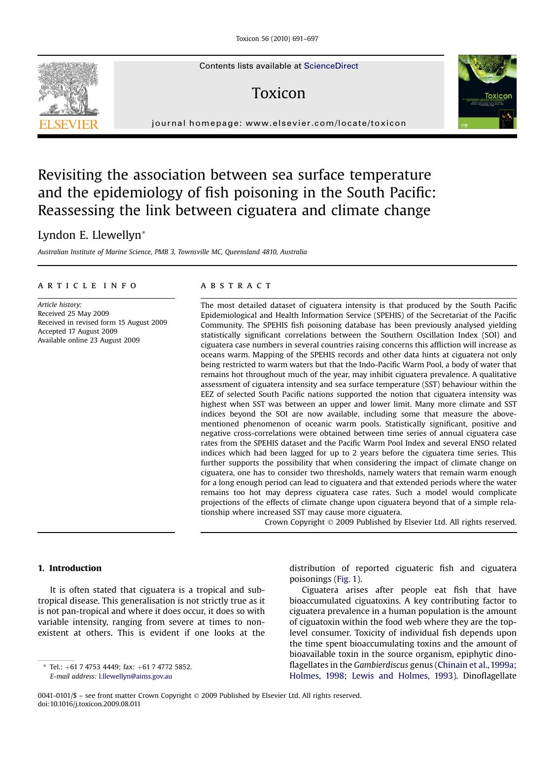 Revisiting the association between sea surface temperature and the epidemiology of fish poisoning in the South Pacific: Reassessing the link between ciguatera and climate change by Lyndon E. Llewellyn