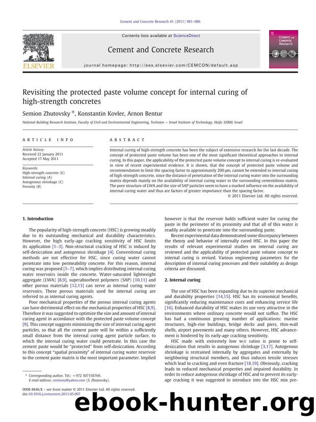 Revisiting the protected paste volume concept for internal curing of high-strength concretes by Semion Zhutovsky & Konstantin Kovler & Arnon Bentur