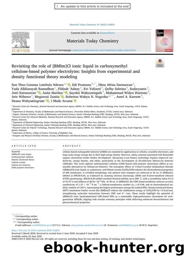 Revisiting the role of [BMIm]Cl ionic liquid in carboxymethyl cellulose-based polymer electrolytes: Insights from experimental and density functional theory modeling by unknow