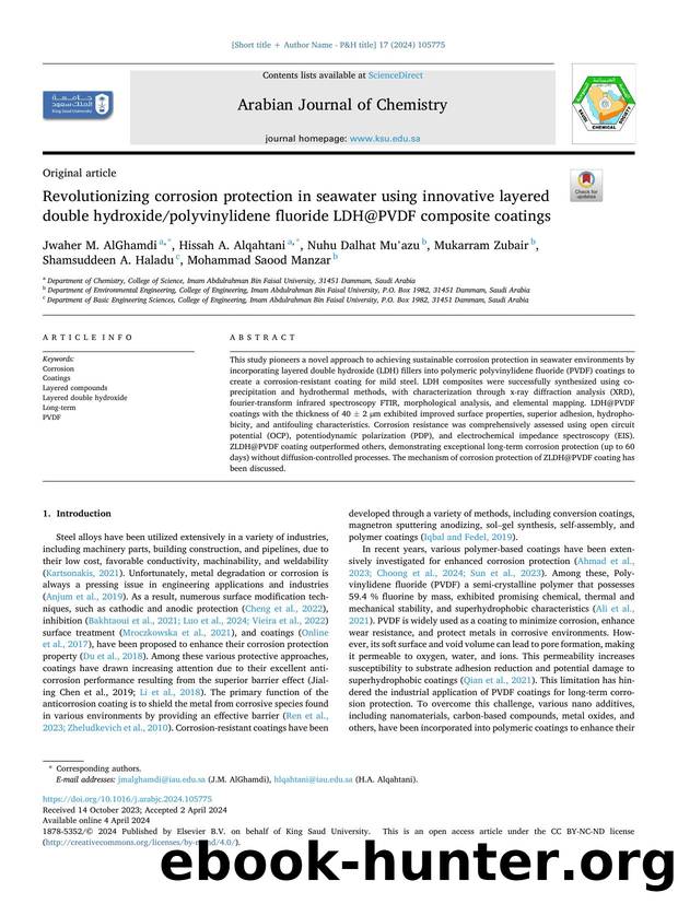 Revolutionizing corrosion protection in seawater using innovative layered double hydroxidepolyvinylidene fluoride LDH@PVDF composite coatings by unknow