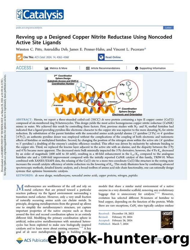 Revving up a Designed Copper Nitrite Reductase Using Noncoded Active Site Ligands by Winston C. Pitts Aniruddha Deb James E. Penner-Hahn & Vincent L. Pecoraro