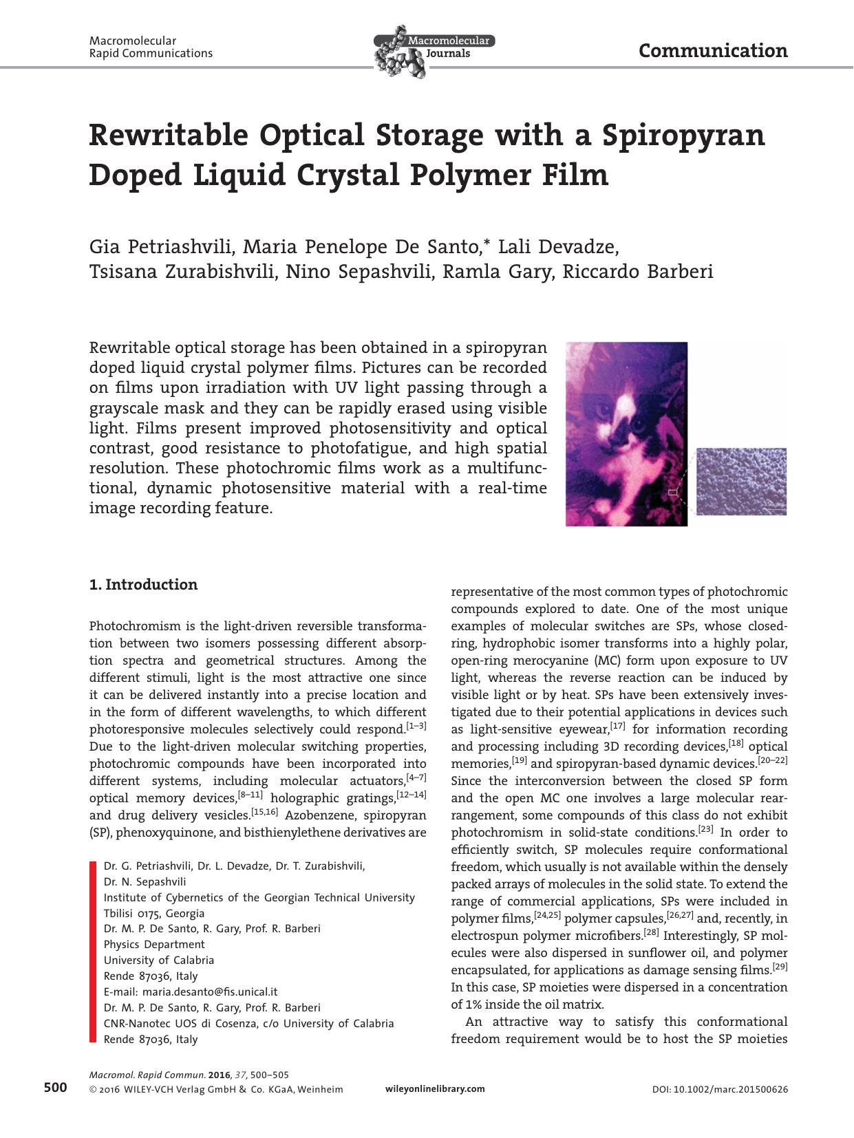 Rewritable Optical Storage with a Spiropyran Doped Liquid Crystal Polymer Film by Unknown