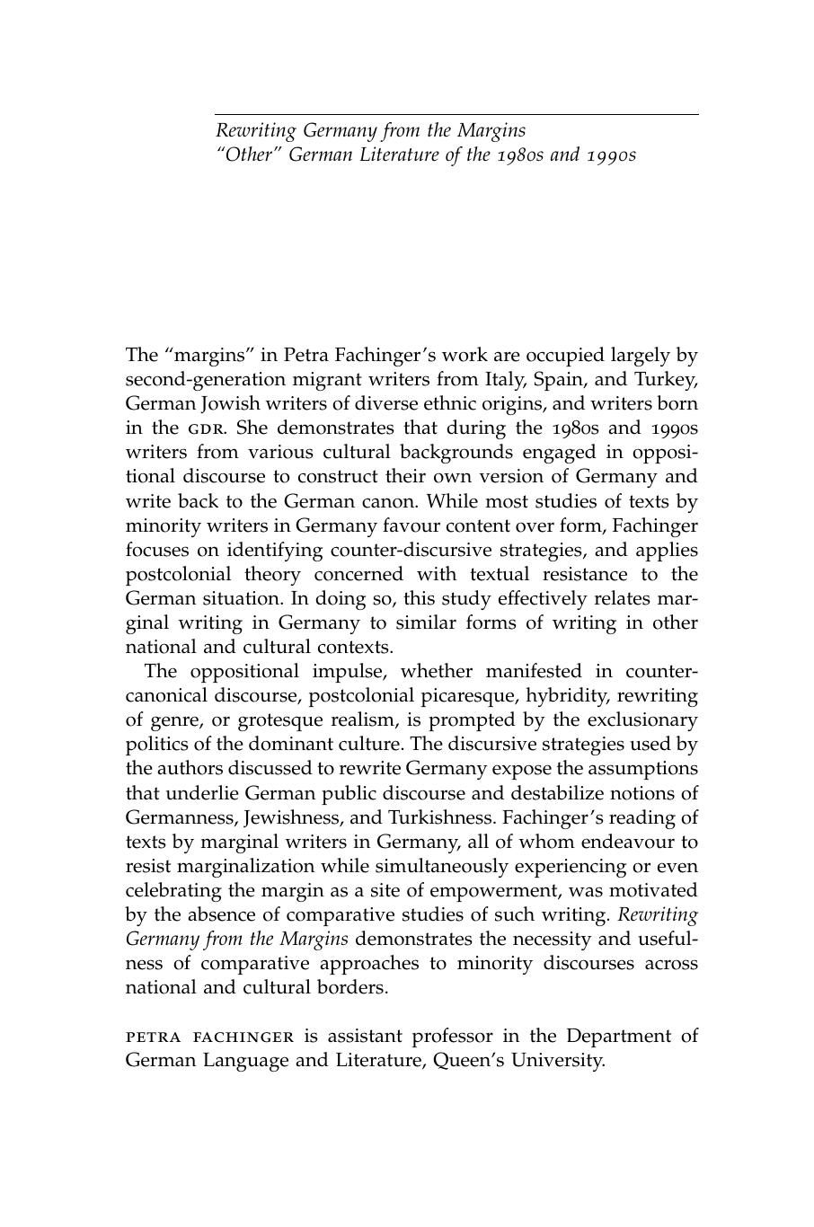 Rewriting Germany from the Margins : Other German Literature of the 1980s And 1990s by Petra Fachinger