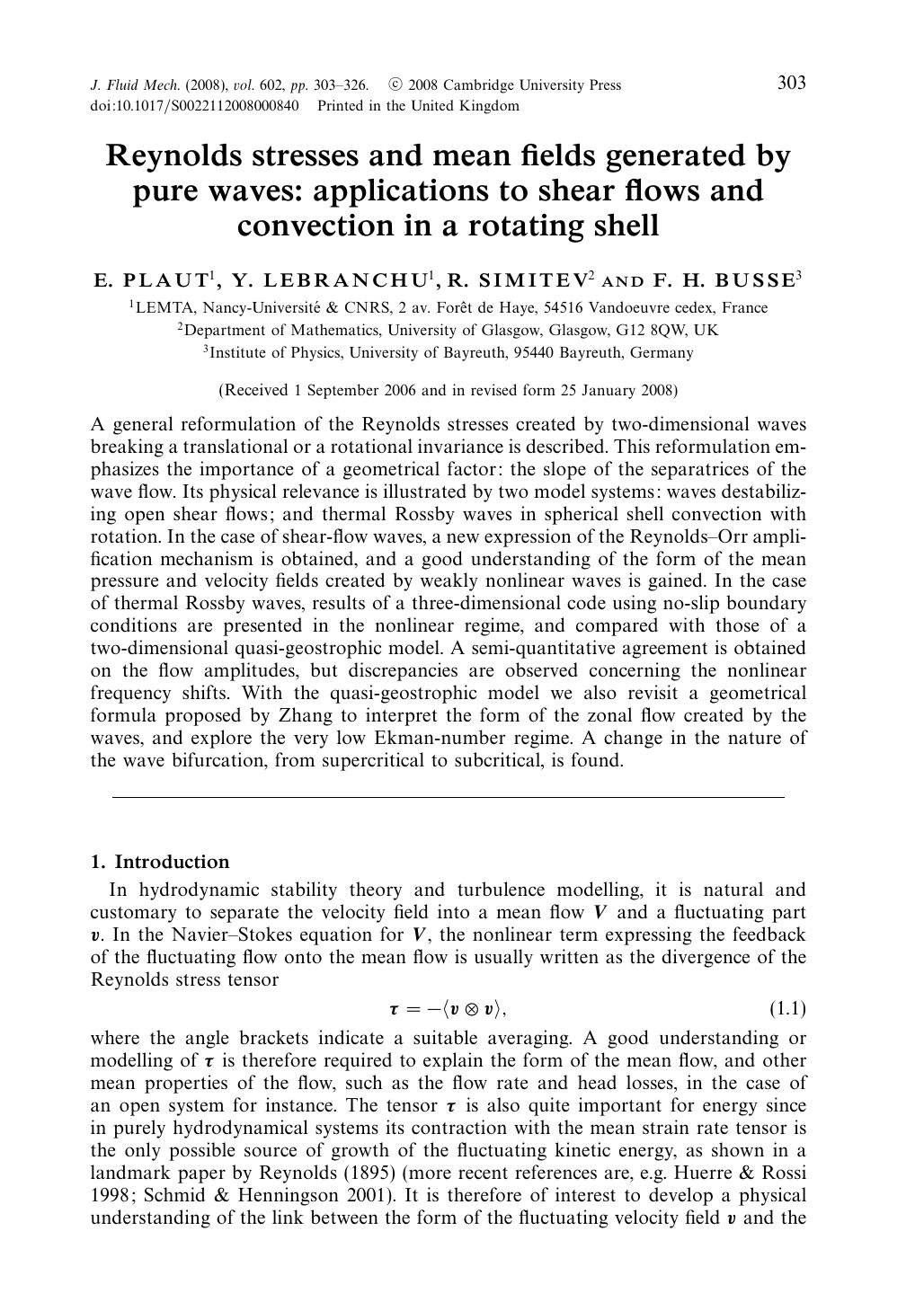 Reynolds stresses and mean fields generated by pure waves: applications to shear flows and convection in a rotating shell by E. PLAUT Y. LEBRANCHU R. SIMITEV & F. H. BUSSE