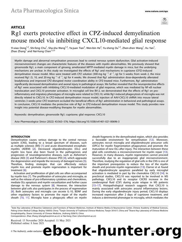 Rg1 exerts protective effect in CPZ-induced demyelination mouse model via inhibiting CXCL10-mediated glial response by unknow