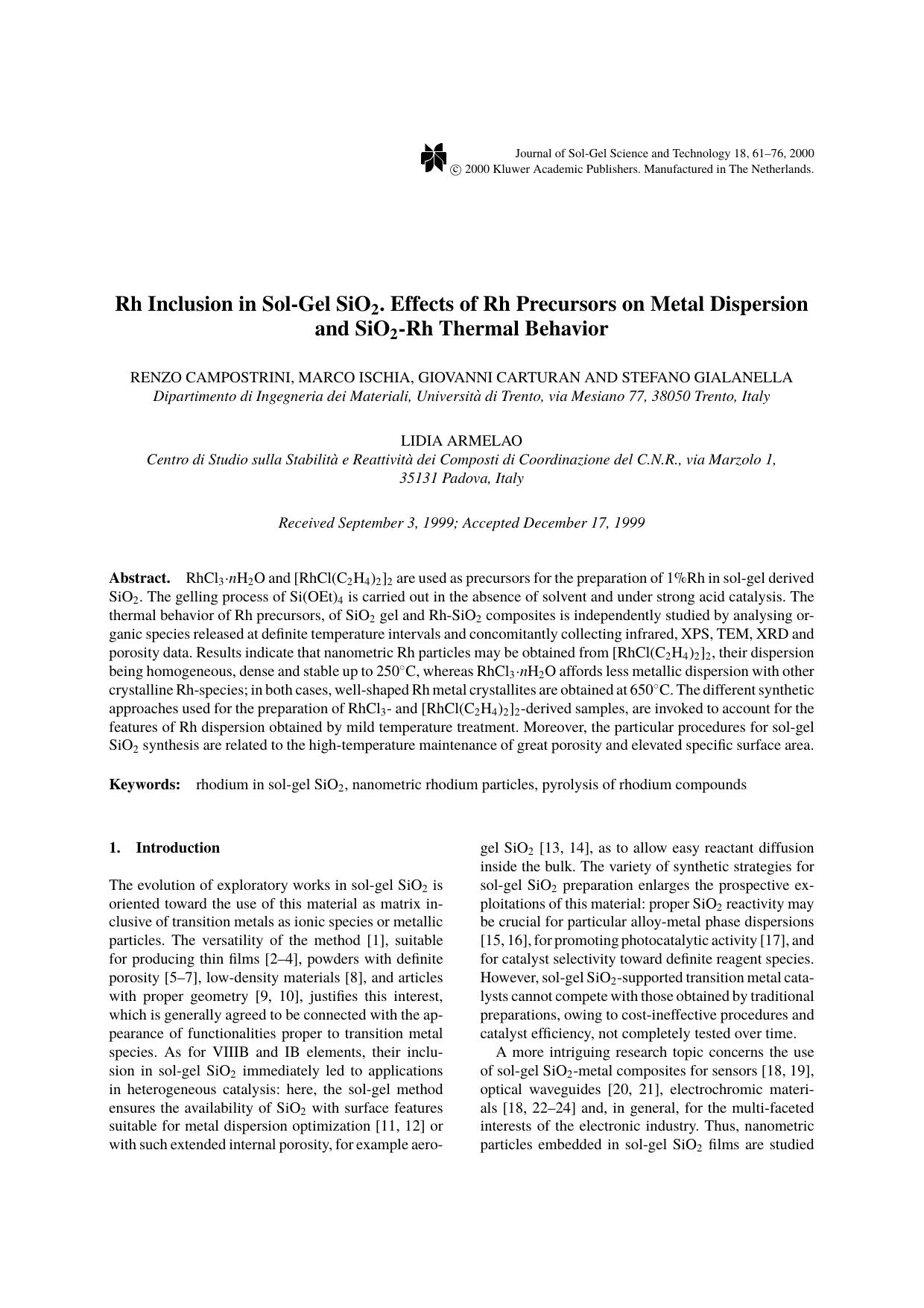 Rh Inclusion in Sol-Gel SiO2. Effects of Rh Precursors on Metal Dispersion and SiO2-Rh Thermal Behavior by Unknown