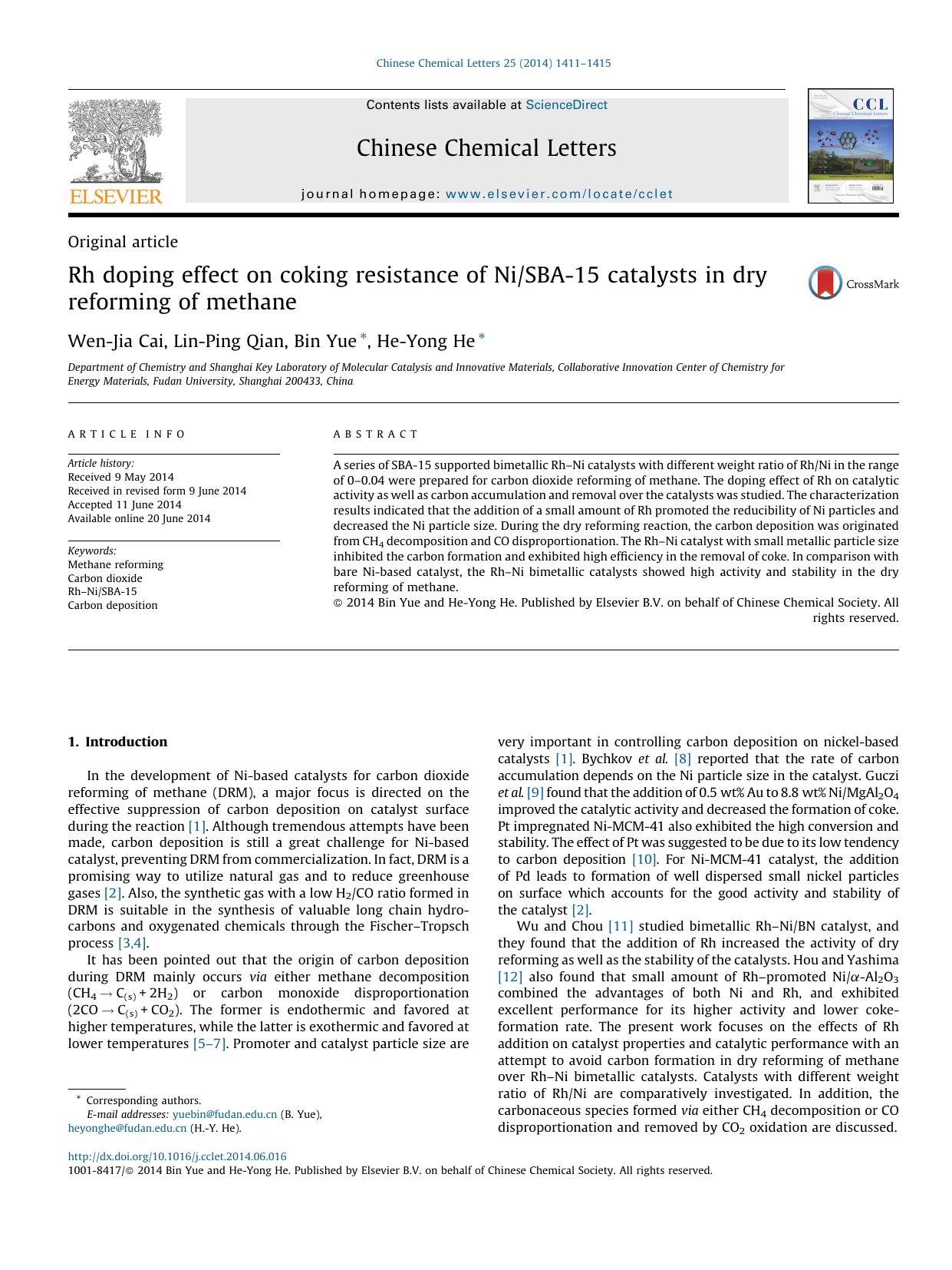Rh doping effect on coking resistance of NiSBA-15 catalysts in dry reforming of methane by Wen-Jia Cai & Lin-Ping Qian & Bin Yue & He-Yong He