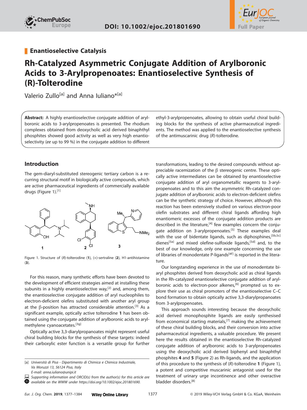 Rh‐Catalyzed Asymmetric Conjugate Addition of Arylboronic Acids to 3‐Arylpropenoates: Enantioselective Synthesis of (R)‐Tolterodine by Unknown