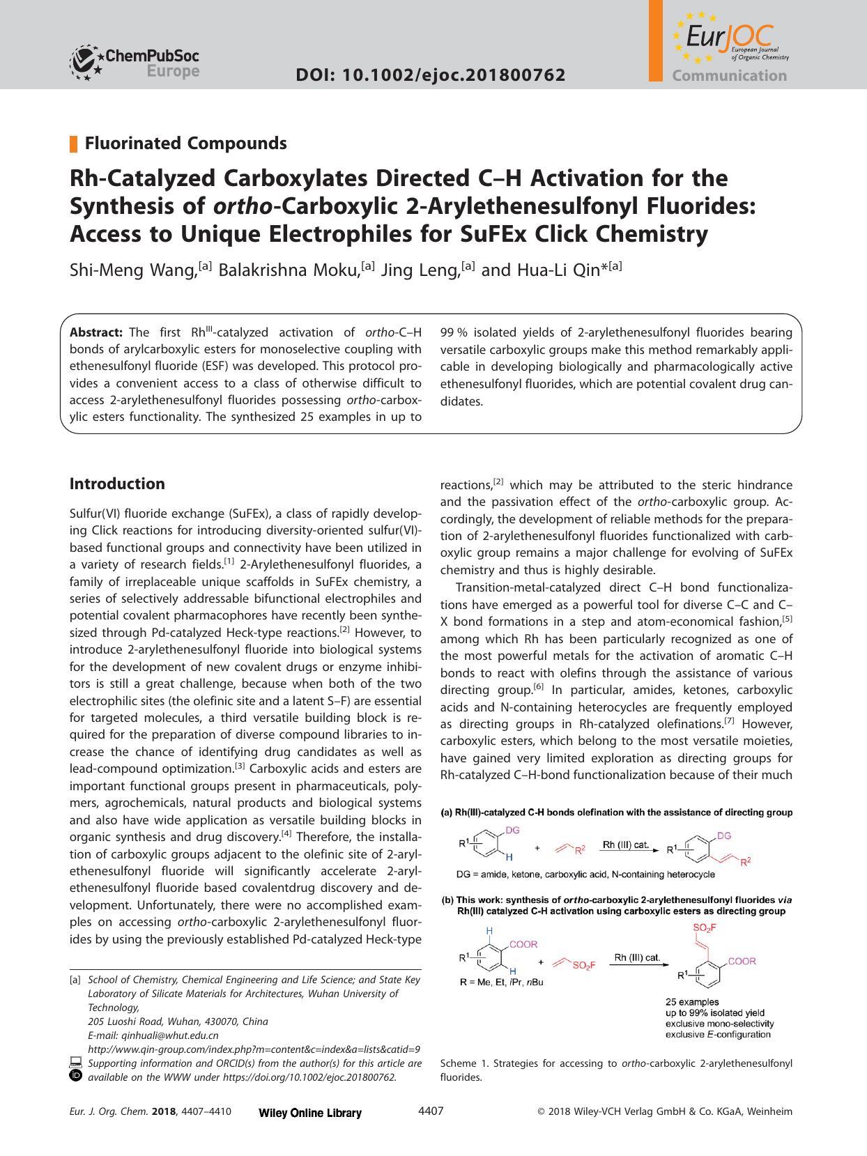 Rh‐Catalyzed Carboxylates Directed C–H Activation for the Synthesis of <i>ortho<i>‐Carboxylic 2‐Arylethenesulfonyl Fluorides: Access to Unique Elect by Unknown