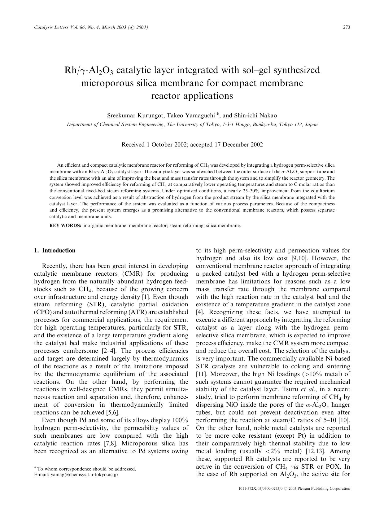 Rhγ-Al<Subscript>2<Subscript>O<Subscript>3<Subscript> Catalytic Layer Integrated with Sol–Gel Synthesized Microporous Silica Membrane for Compact Membrane Reactor Applications by Unknown