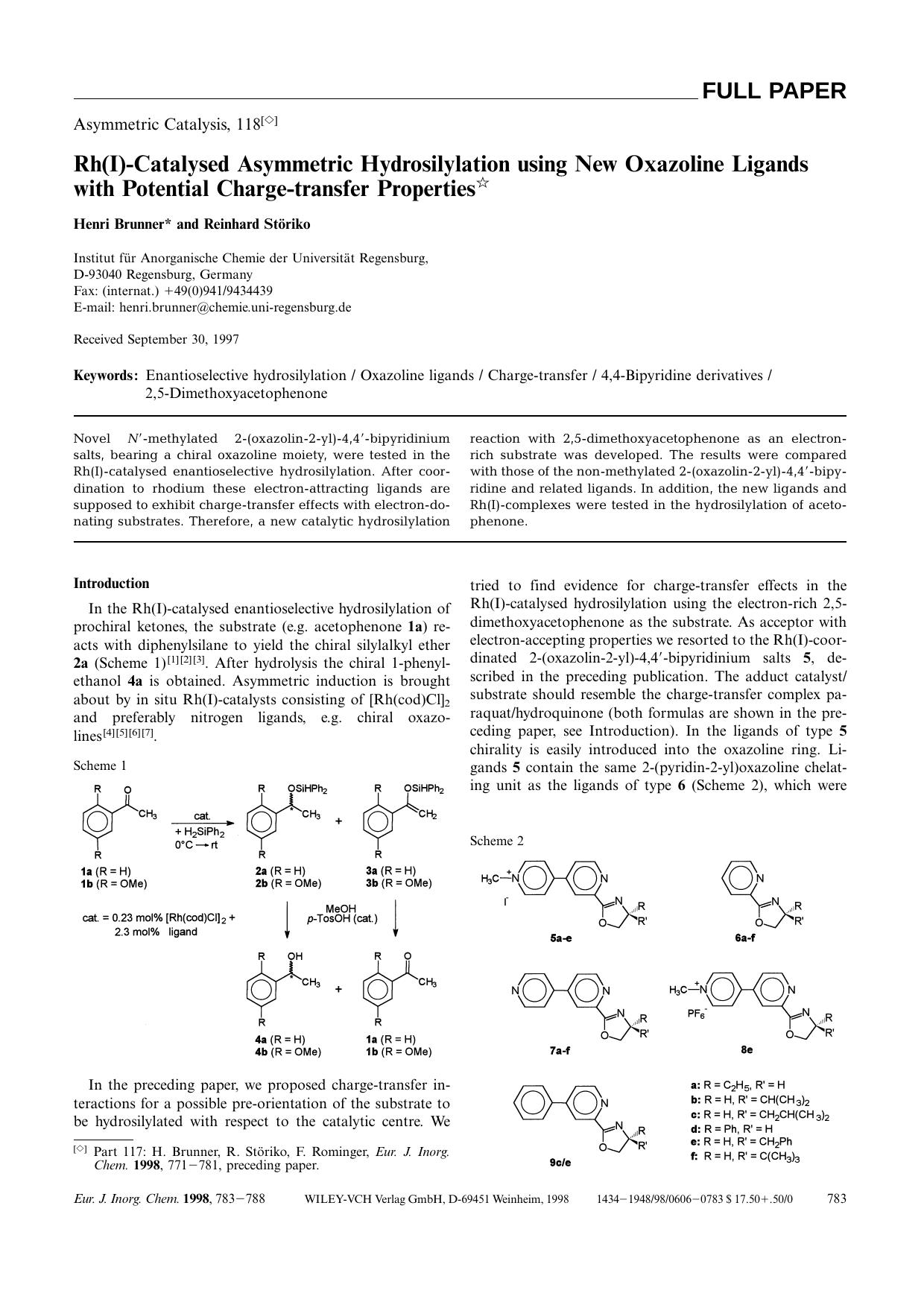 Rh(I)-Catalysed Asymmetric Hydrosilylation using New Oxazoline Ligands with Potential Charge-transfer Properties by Unknown