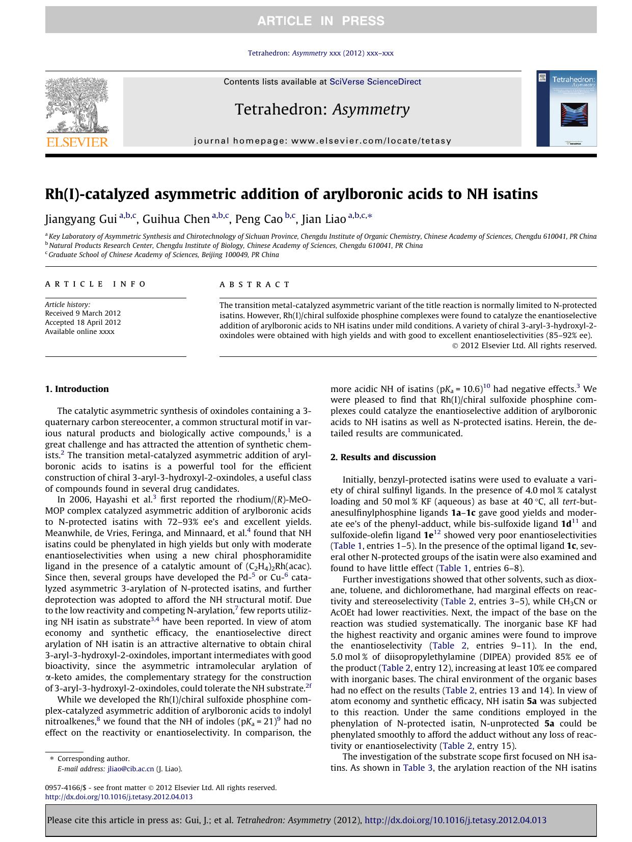 Rh(I)-catalyzed asymmetric addition of arylboronic acids to NH isatins by Jiangyang Gui & Guihua Chen & Peng Cao & Jian Liao