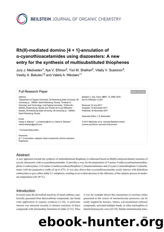 Rh(II)-mediated domino [4 + 1]-annulation of Î±-cyanothioacetamides using diazoesters: A new entry for the synthesis of multisubstituted thiophenes by unknow