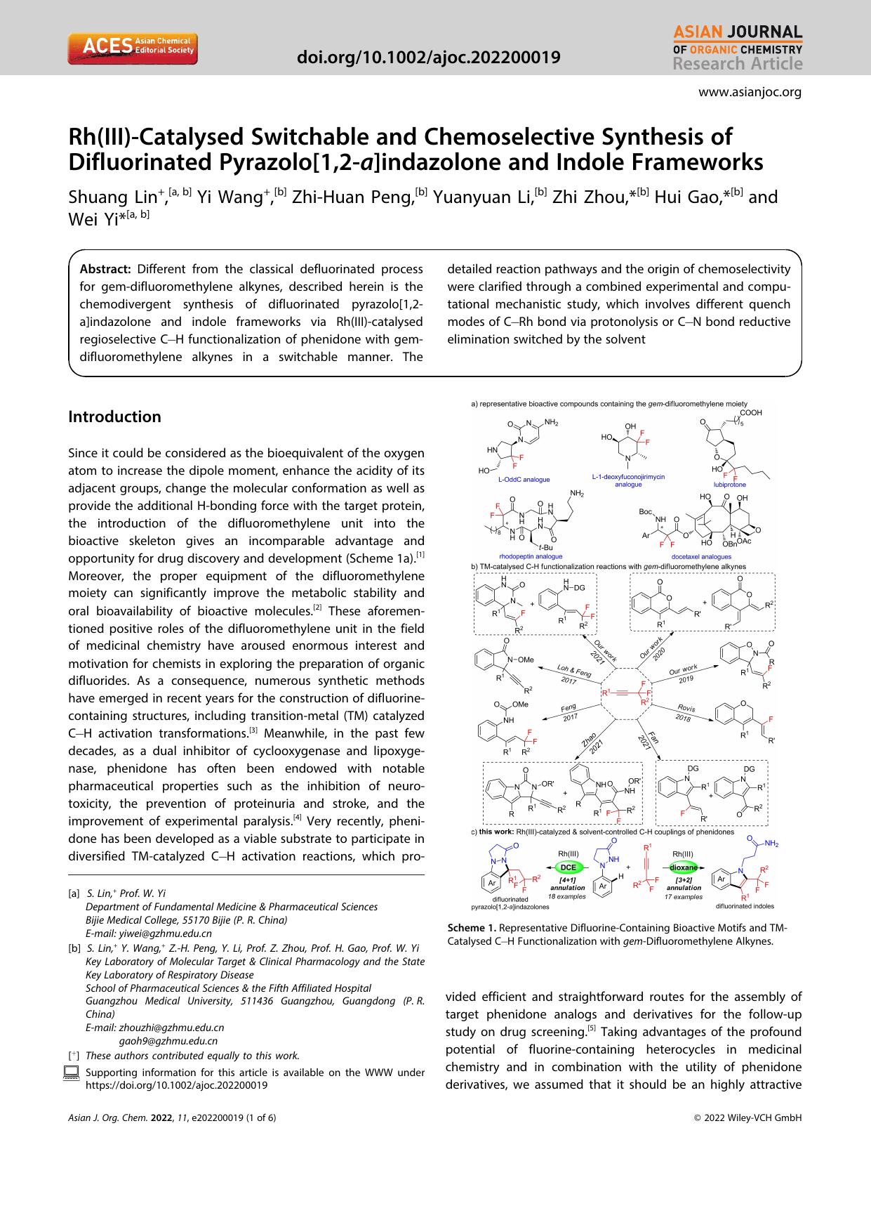 Rh(III)âCatalysed Switchable and Chemoselective Synthesis of Difluorinated Pyrazolo[1,2âa]indazolone and Indole Frameworks by Unknown