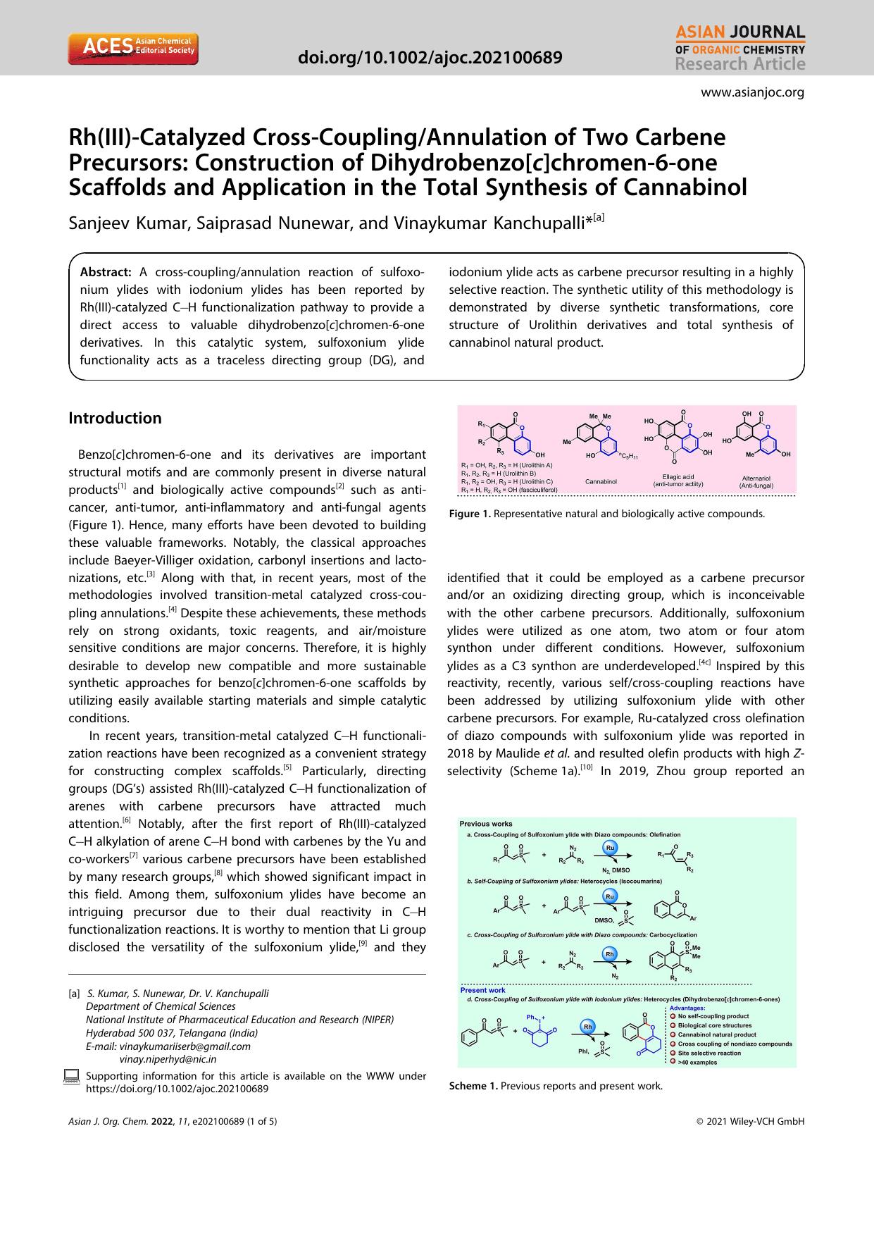 Rh(III)âCatalyzed CrossâCouplingAnnulation of Two Carbene Precursors: Construction of Dihydrobenzo[c]chromenâ6âone Scaffolds and Application in the Total Synthesis of Cannabinol by Unknown