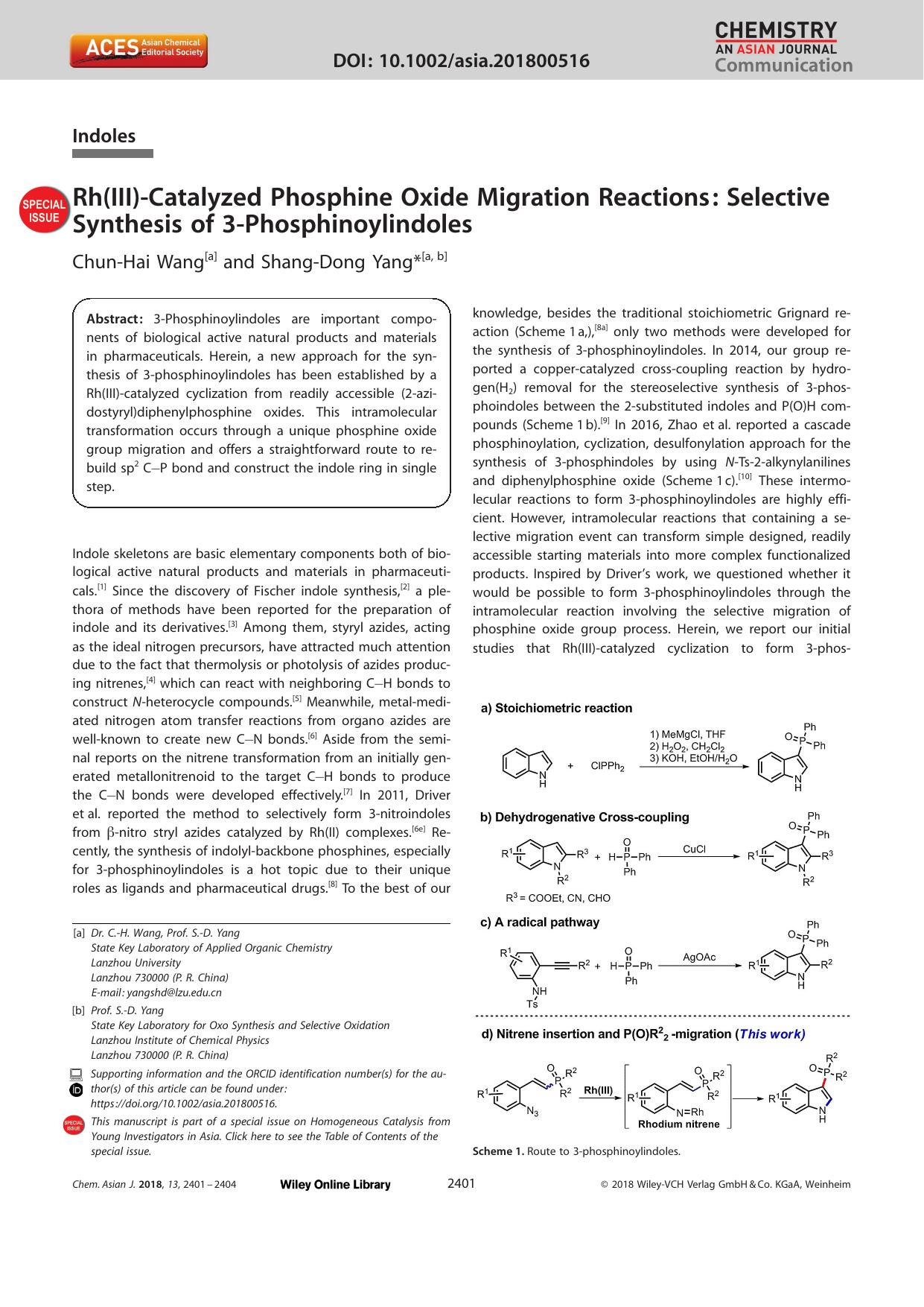 Rh(III)âCatalyzed Phosphine Oxide Migration Reactions: Selective Synthesis of 3âPhosphinoylindoles by Unknown