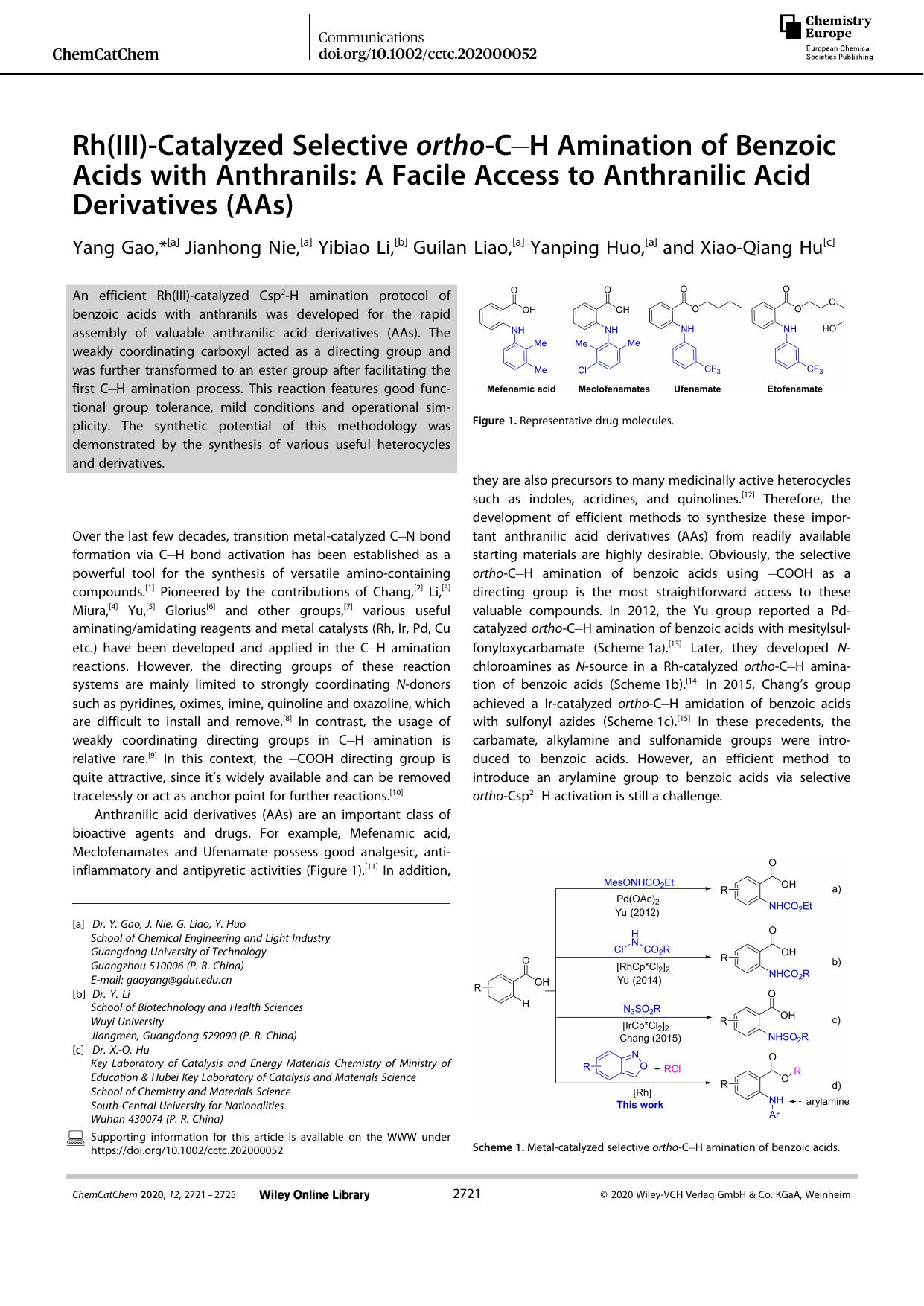 Rh(III)âCatalyzed Selective orthoâCâH Amination of Benzoic Acids with Anthranils: A Facile Access to Anthranilic Acid Derivatives (AAs) by Unknown