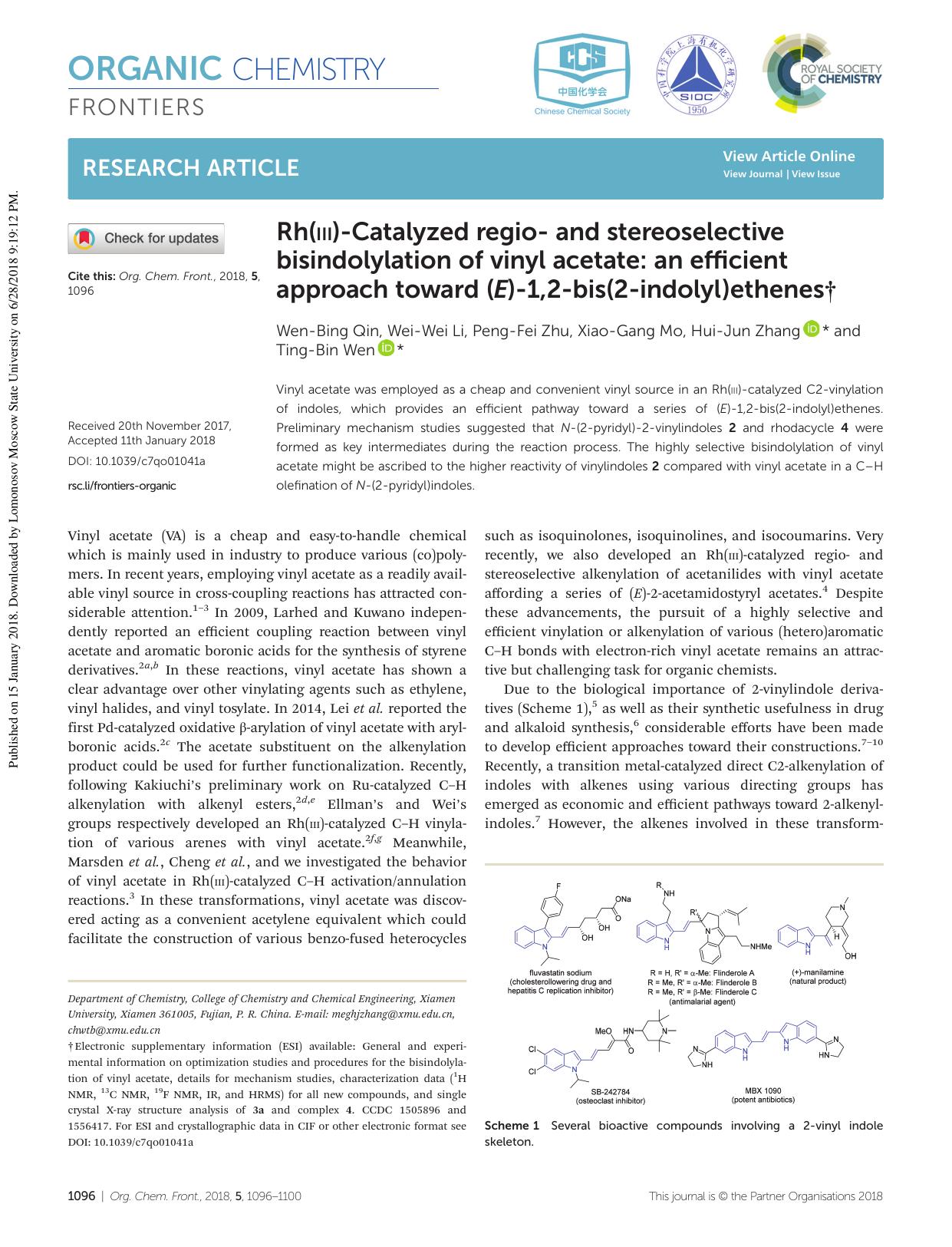 Rh(III)-Catalyzed regio- and stereoselective bisindolylation of vinyl acetate: an efficient approach toward (E)-1,2-bis(2-indolyl)ethenes by Wen-Bing Qin Wei-Wei Li Peng-Fei Zhu Xiao-Gang Mo Hui-Jun Zhang Ting-Bin Wen