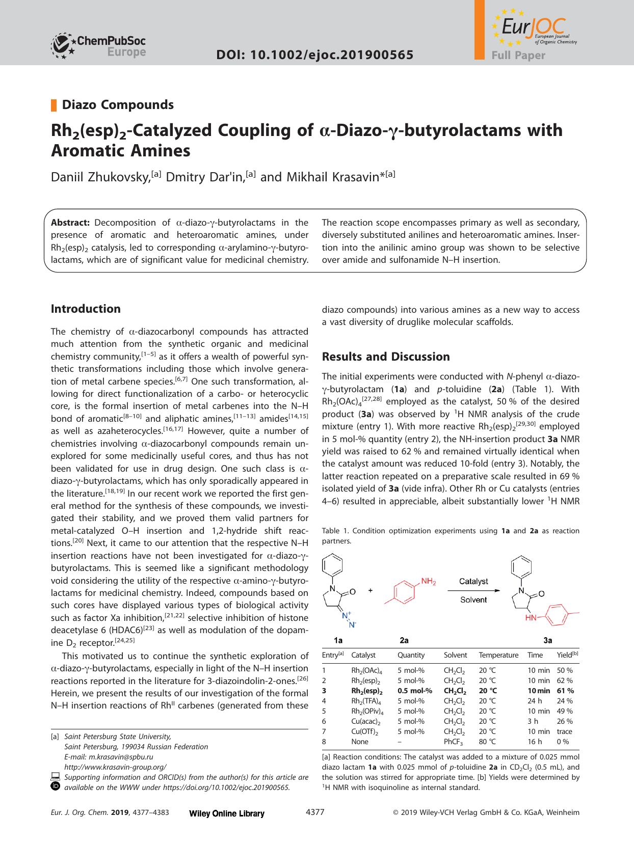 Rh<sub>2<sub>(esp)<sub>2<sub>‐Catalyzed Coupling of α‐Diazo‐γ‐butyrolactams with Aromatic Amines by Unknown
