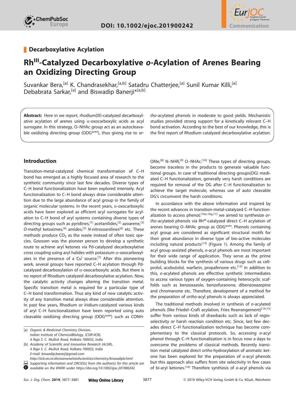 Rh<sup>III<sup>&#x02010;Catalyzed Decarboxylative <i>o<i>&#x02010;Acylation of Arenes Bearing an Oxidizing Directing Group by Unknown