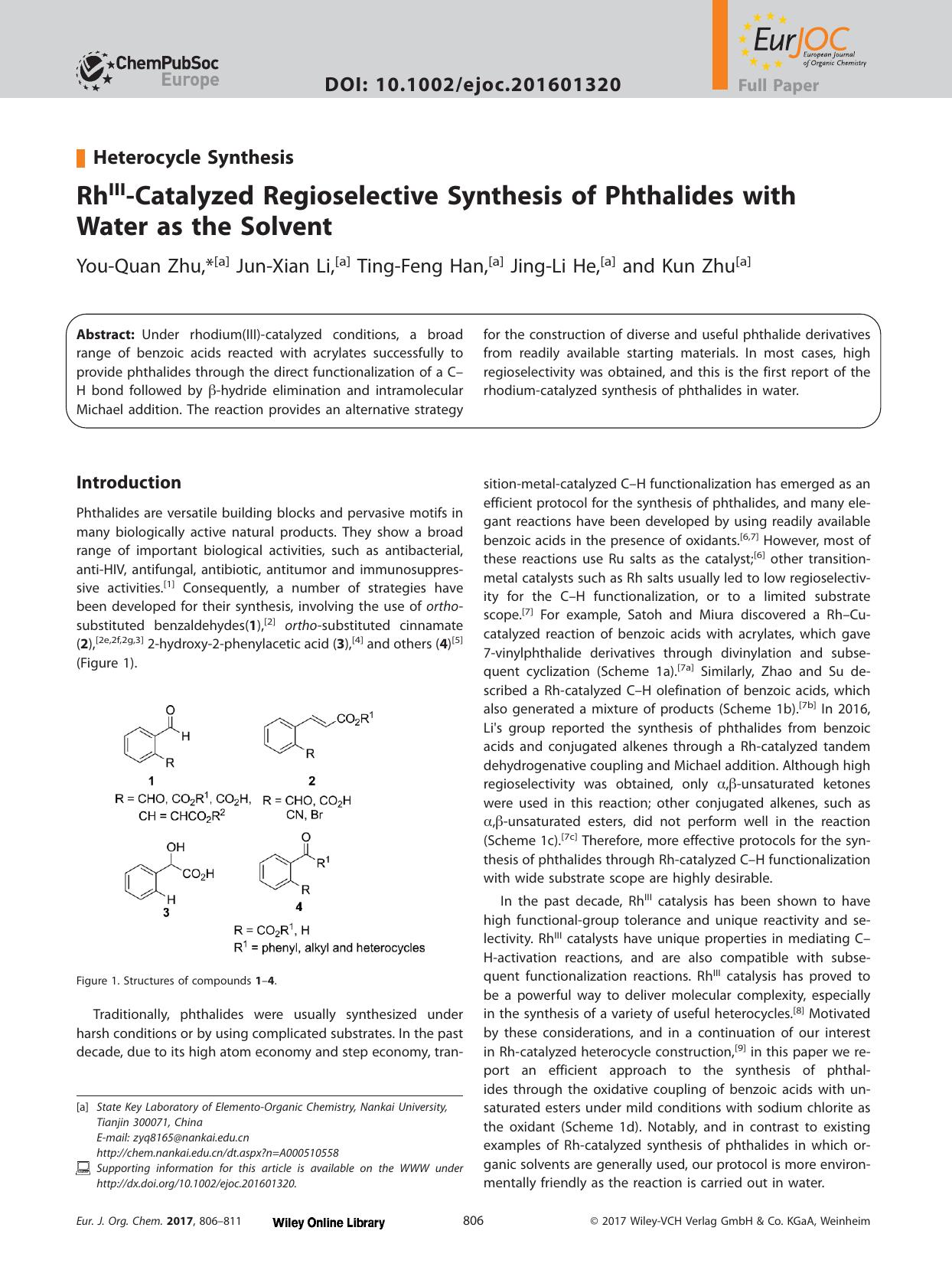 Rh<sup>III<sup>‐Catalyzed Regioselective Synthesis of Phthalides with Water as the Solvent by Unknown