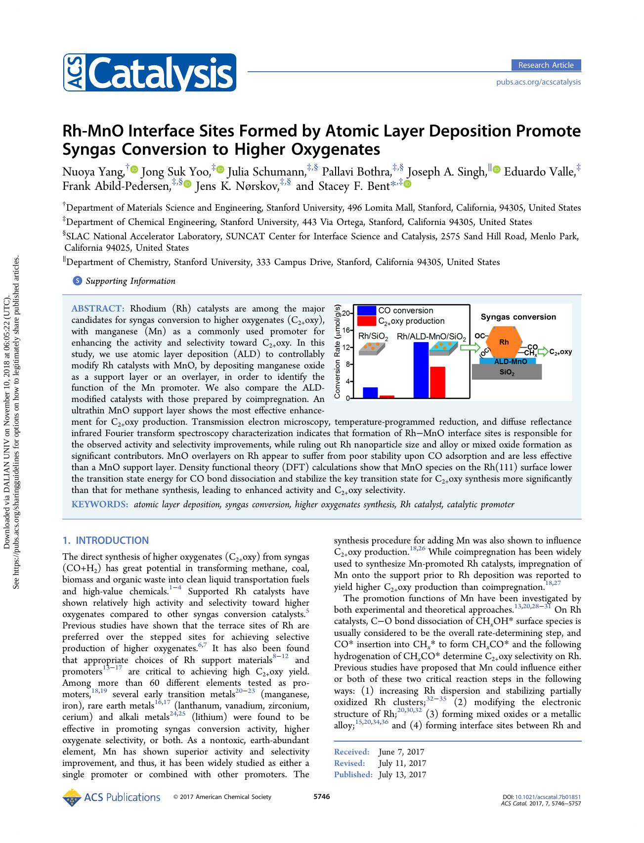 Rh-MnO Interface Sites Formed by Atomic Layer Deposition Promote Syngas Conversion to Higher Oxygenates by unknow
