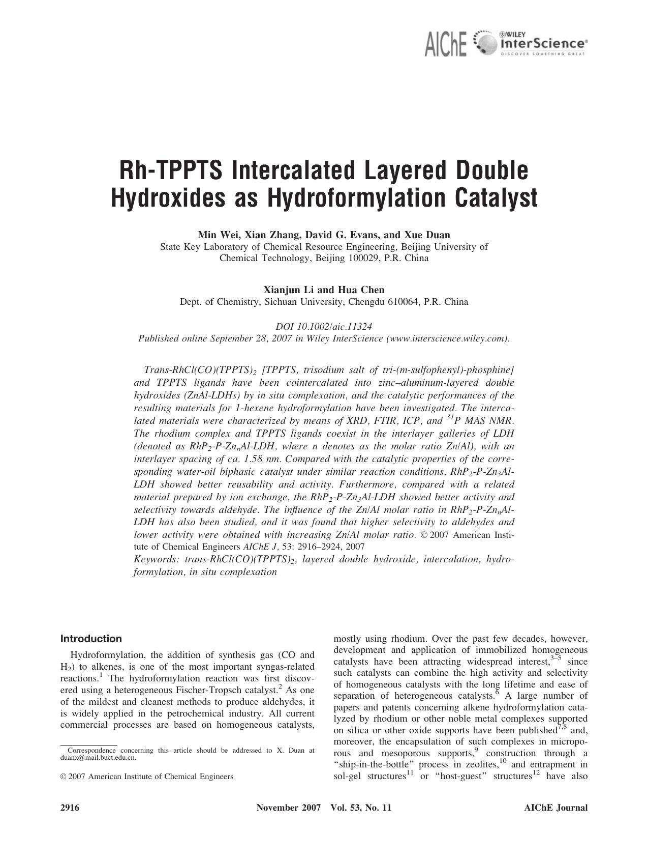 Rh-TPPTS intercalated layered double hydroxides as hydroformylation catalyst by Unknown