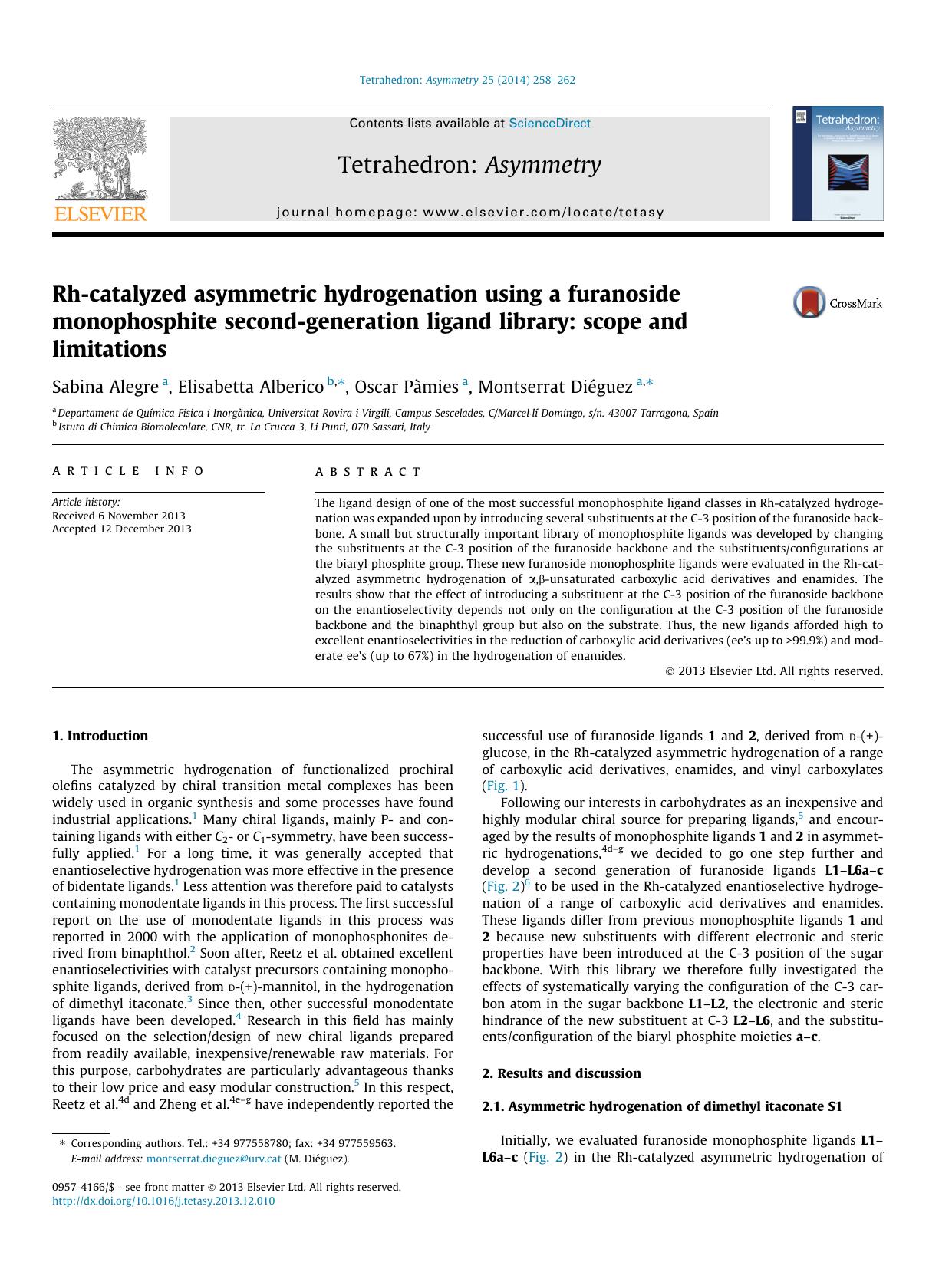 Rh-catalyzed asymmetric hydrogenation using a furanoside monophosphite second-generation ligand library: scope and limitations by Sabina Alegre & Elisabetta Alberico & Oscar Pàmies & Montserrat Diéguez