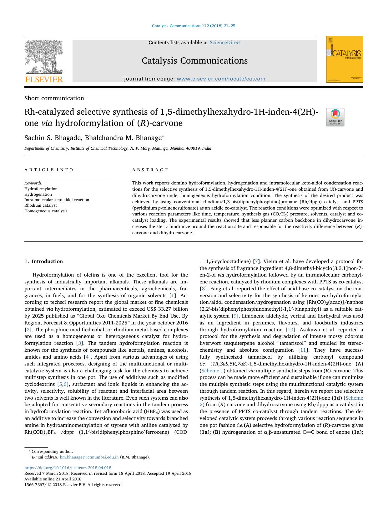 Rh-catalyzed selective synthesis of 1,5-dimethylhexahydro-1H-inden-4(2H)-one via hydroformylation of (R)-carvone by Sachin S. Bhagade & Bhalchandra M. Bhanage