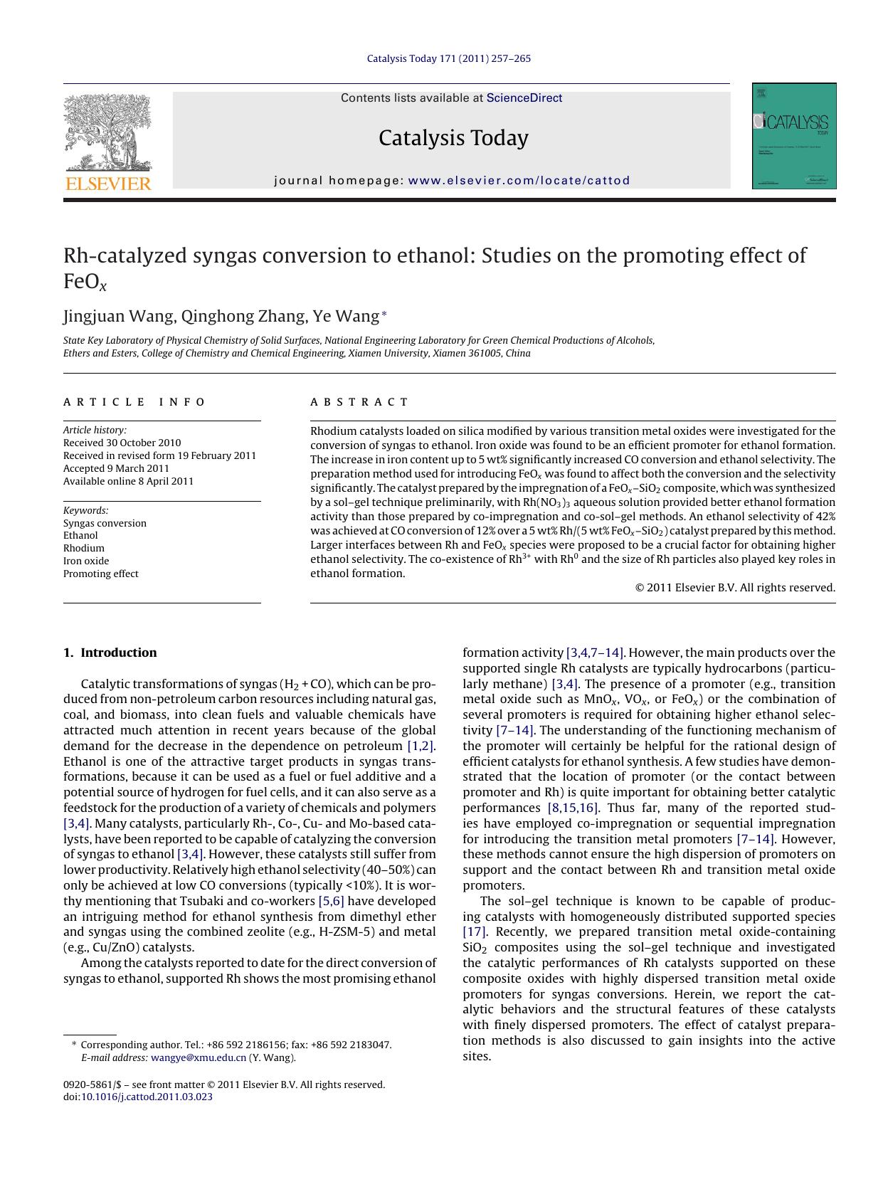 Rh-catalyzed syngas conversion to ethanol: Studies on the promoting effect of FeOx by Jingjuan Wang