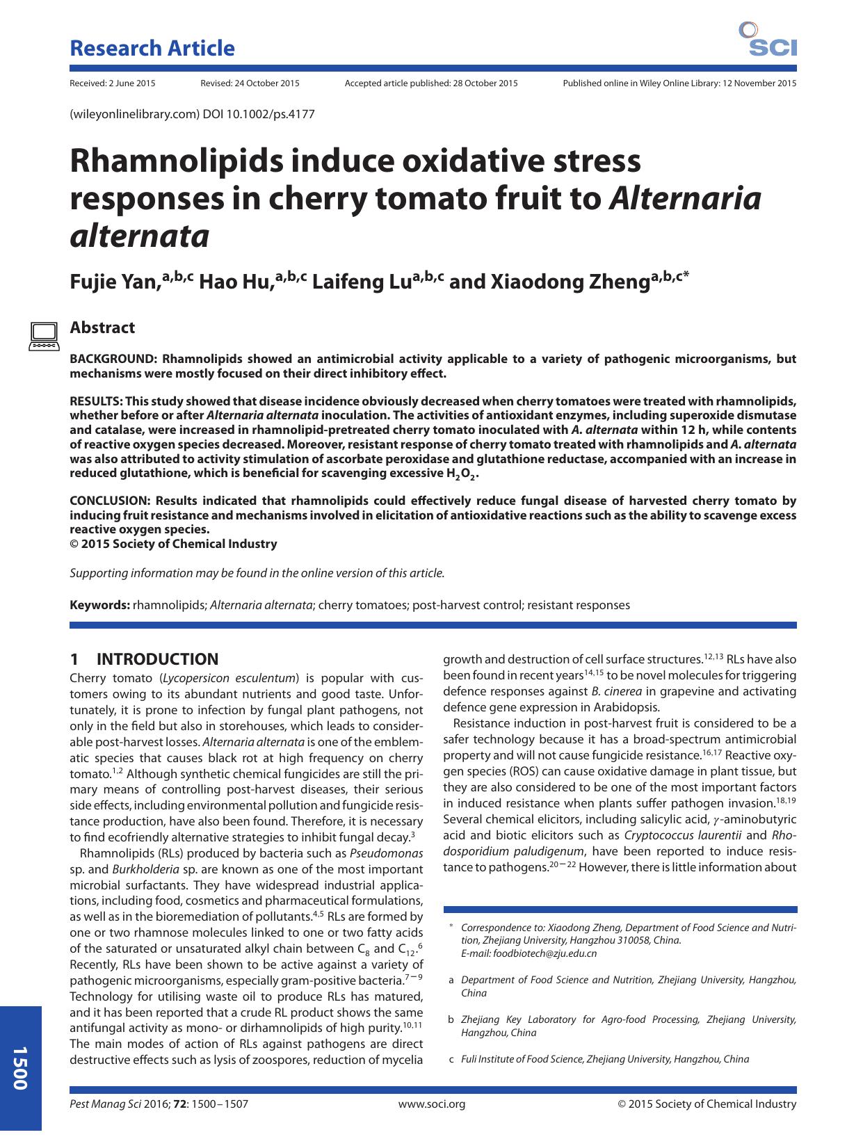 Rhamnolipids induce oxidative stress responses in cherry tomato fruit to Alternaria alternata by Unknown