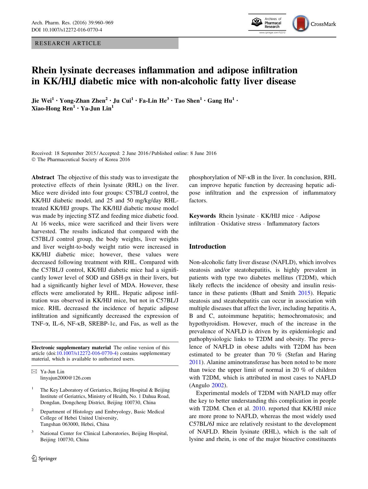 Rhein lysinate decreases inflammation and adipose infiltration in KKHlJ diabetic mice with non-alcoholic fatty liver disease by Jie Wei & Yong-Zhan Zhen & Ju Cui & Fa-Lin He & Tao Shen & Gang Hu & Xiao-Hong Ren & Ya-Jun Lin